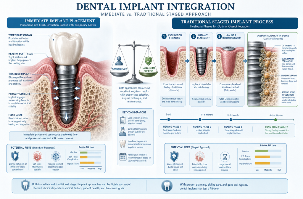 () image illustrating the biological processes involved in dental implant integration. On one side, a diagram shows