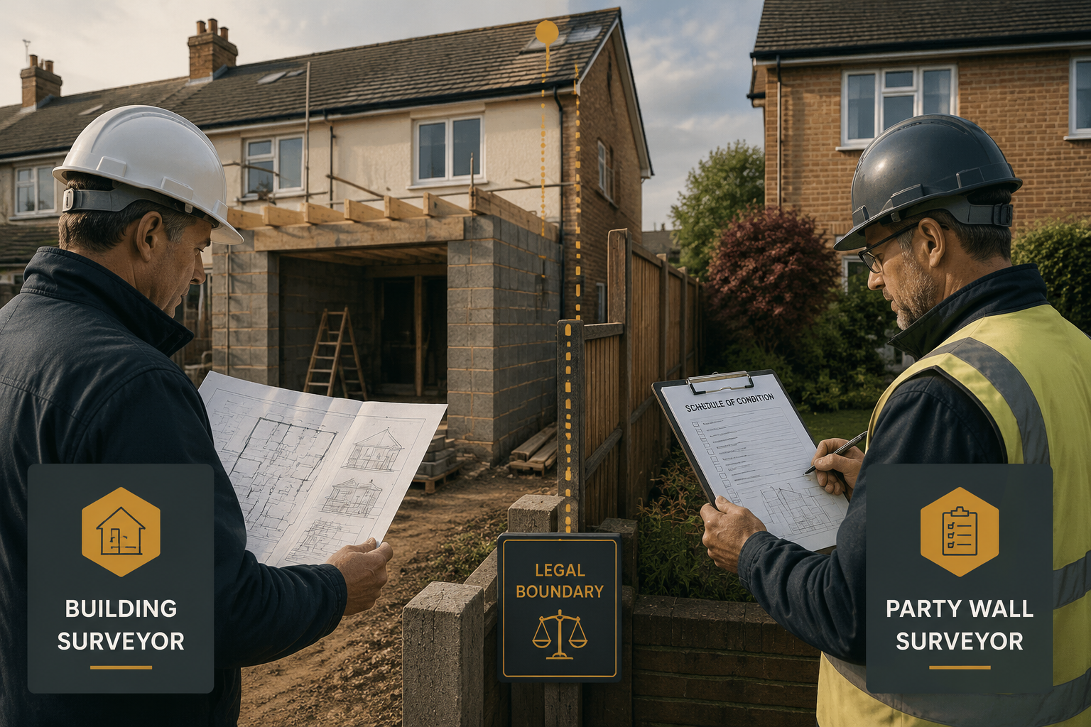 Wide-angle editorial illustration showing a suburban rear extension under construction with a visible boundary fence line, a