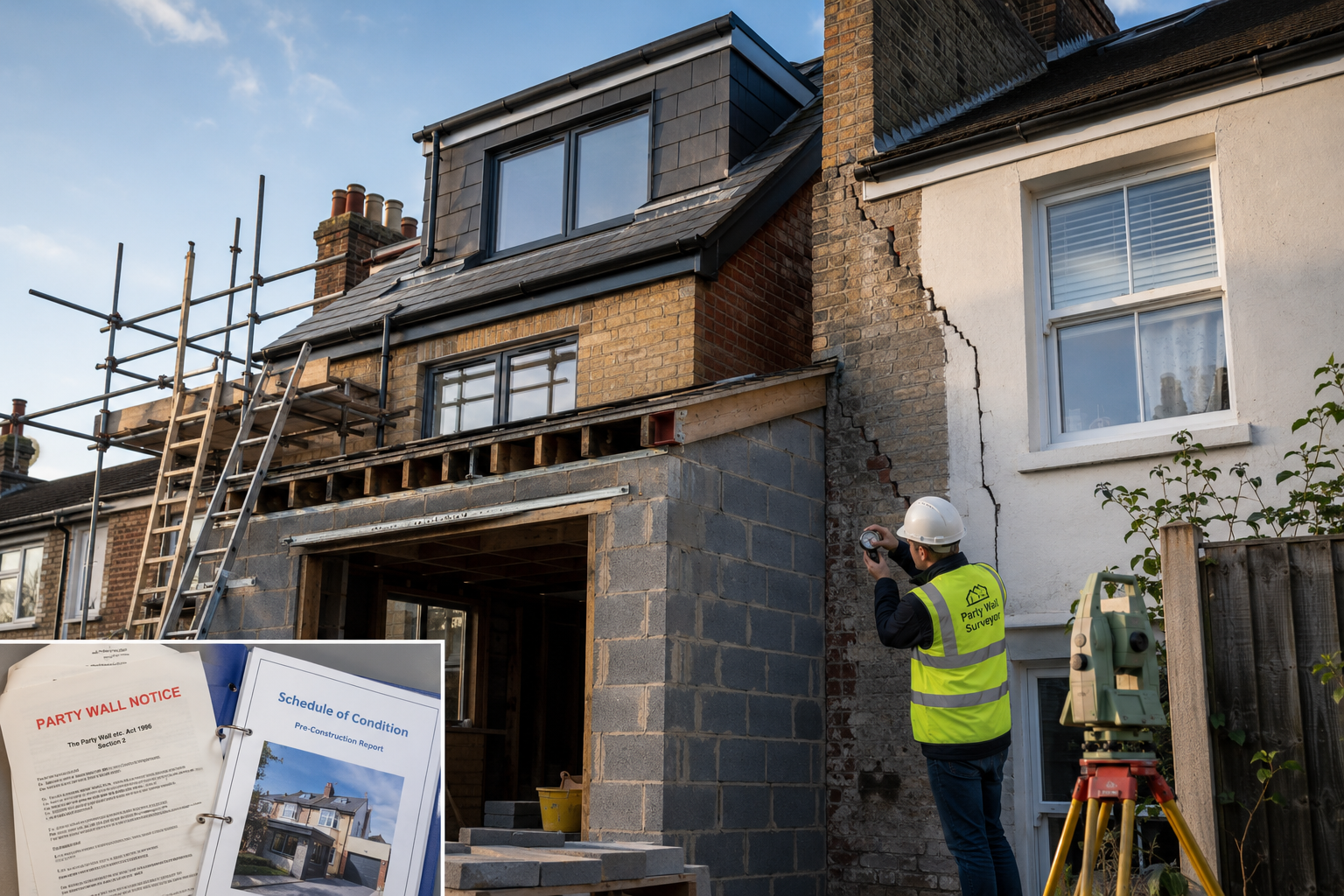 Close-up editorial photograph of a British suburban loft conversion with dormer window under construction, showing a shared