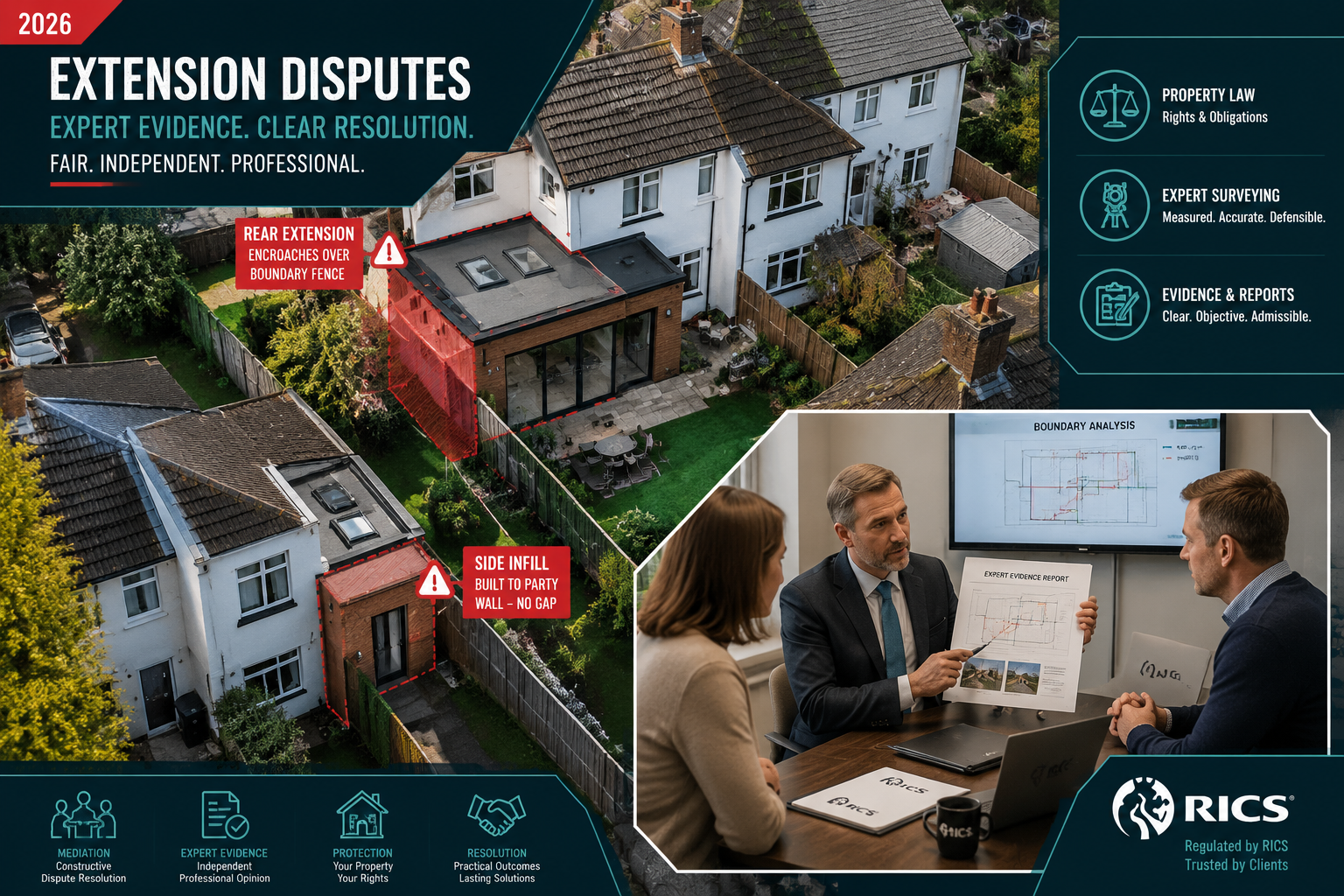 Dramatic overhead drone-style editorial illustration of a suburban street showing multiple extension disputes: a rear