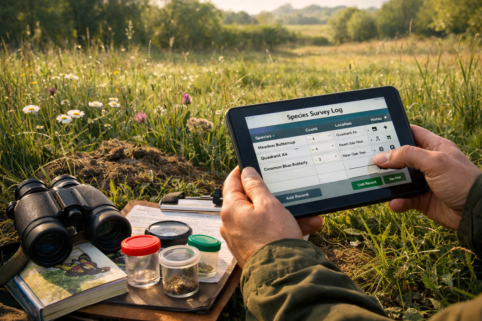 Detailed () photographic composition showing field ecologist conducting biodiversity monitoring in early morning spring