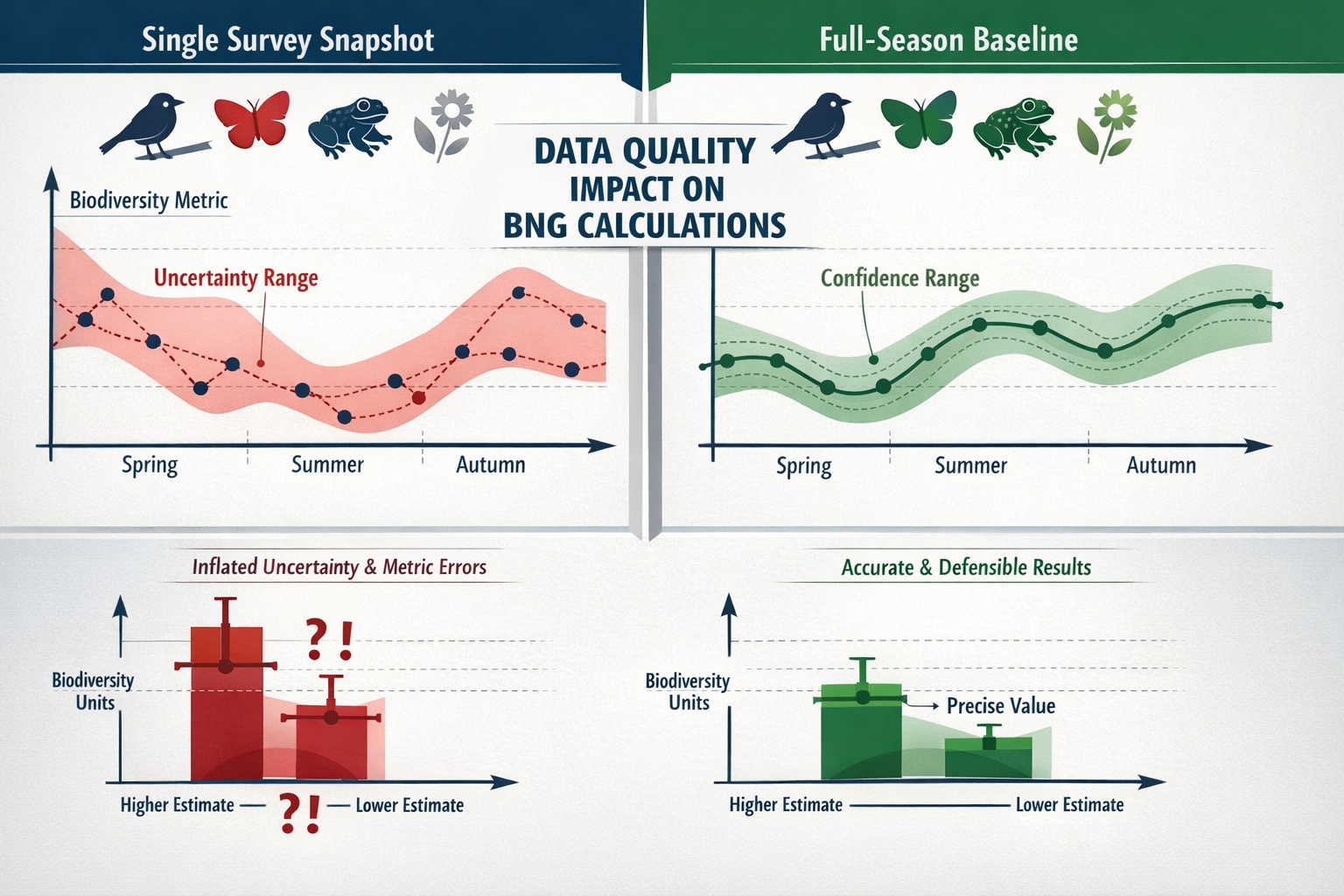 Detailed () conceptual data visualization showing comparison between incomplete versus complete seasonal baseline datasets.