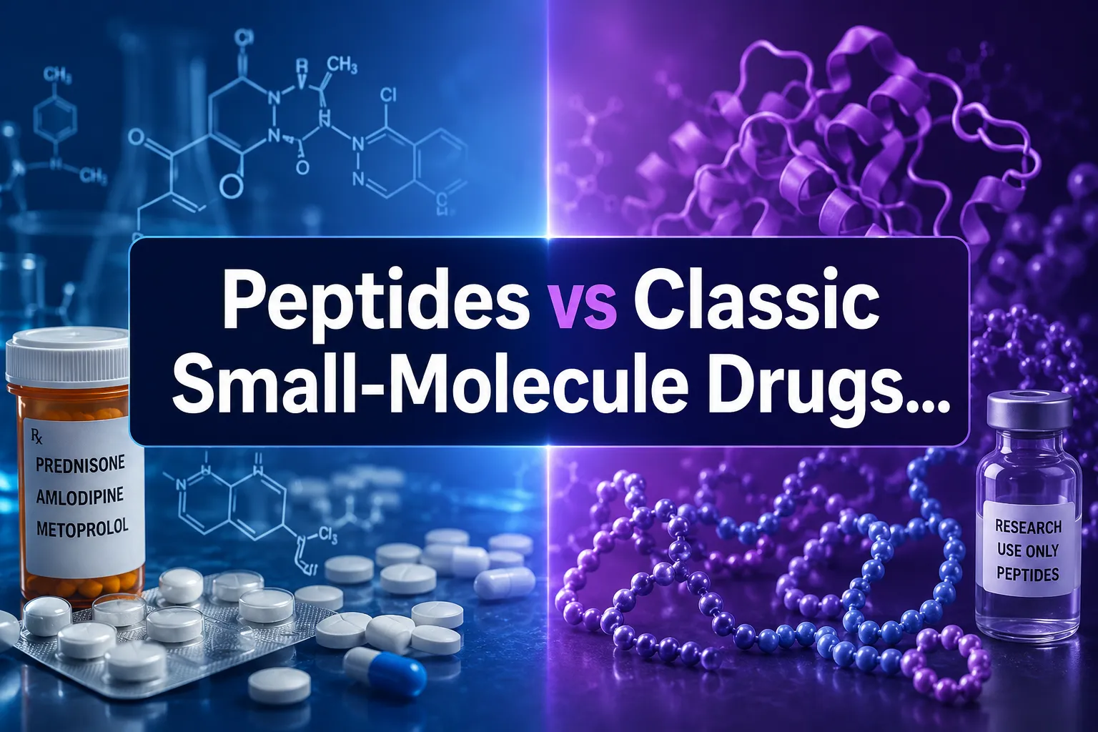 Professional landscape hero image () with a reading "Peptides vs Classic Small-Molecule Drugs…". CRITICAL TYPOGRAPHY RULES: