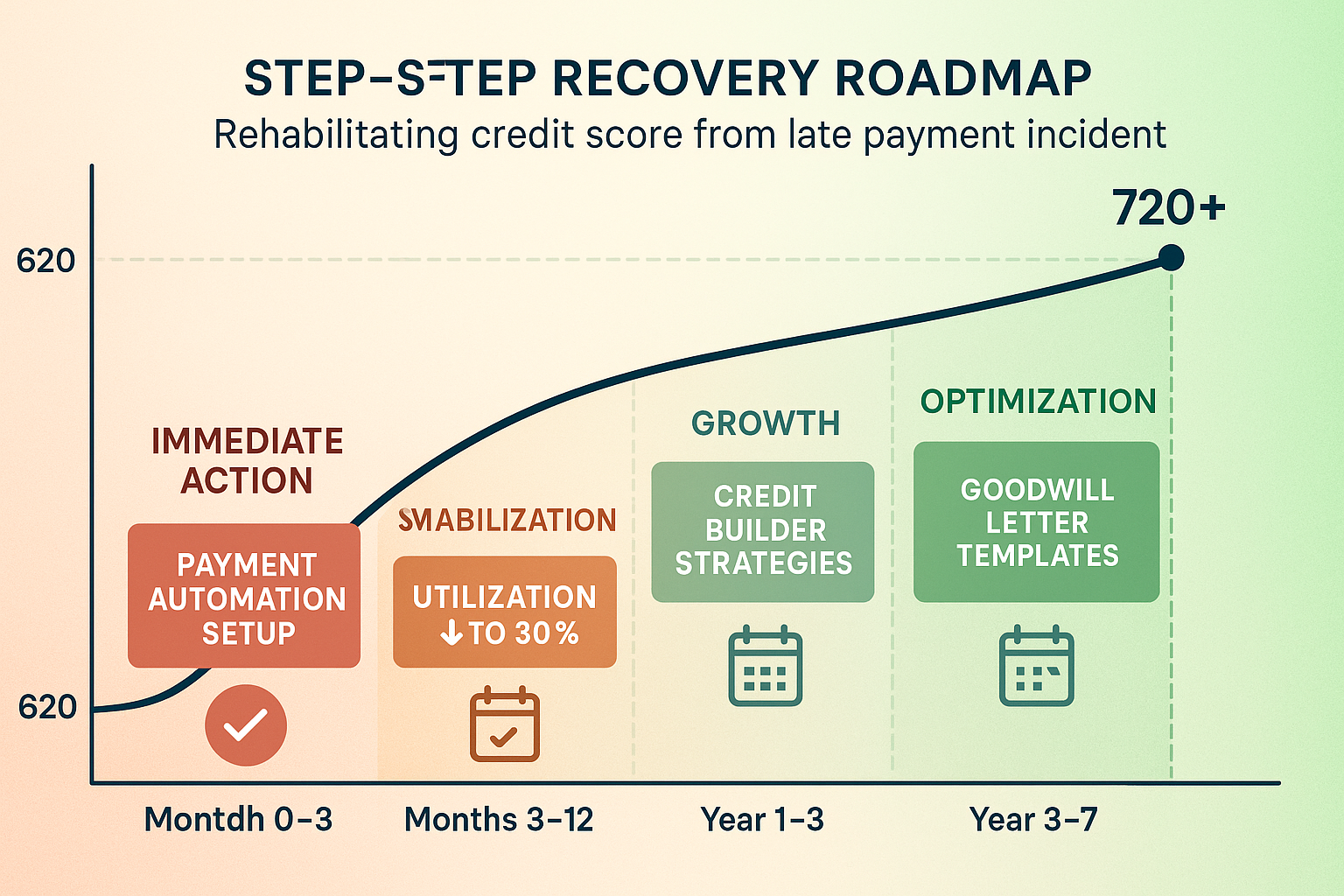 Landscape step-by-step recovery roadmap infographic (1536x1024) displaying credit score rehabilitation strategy from late payment incident t