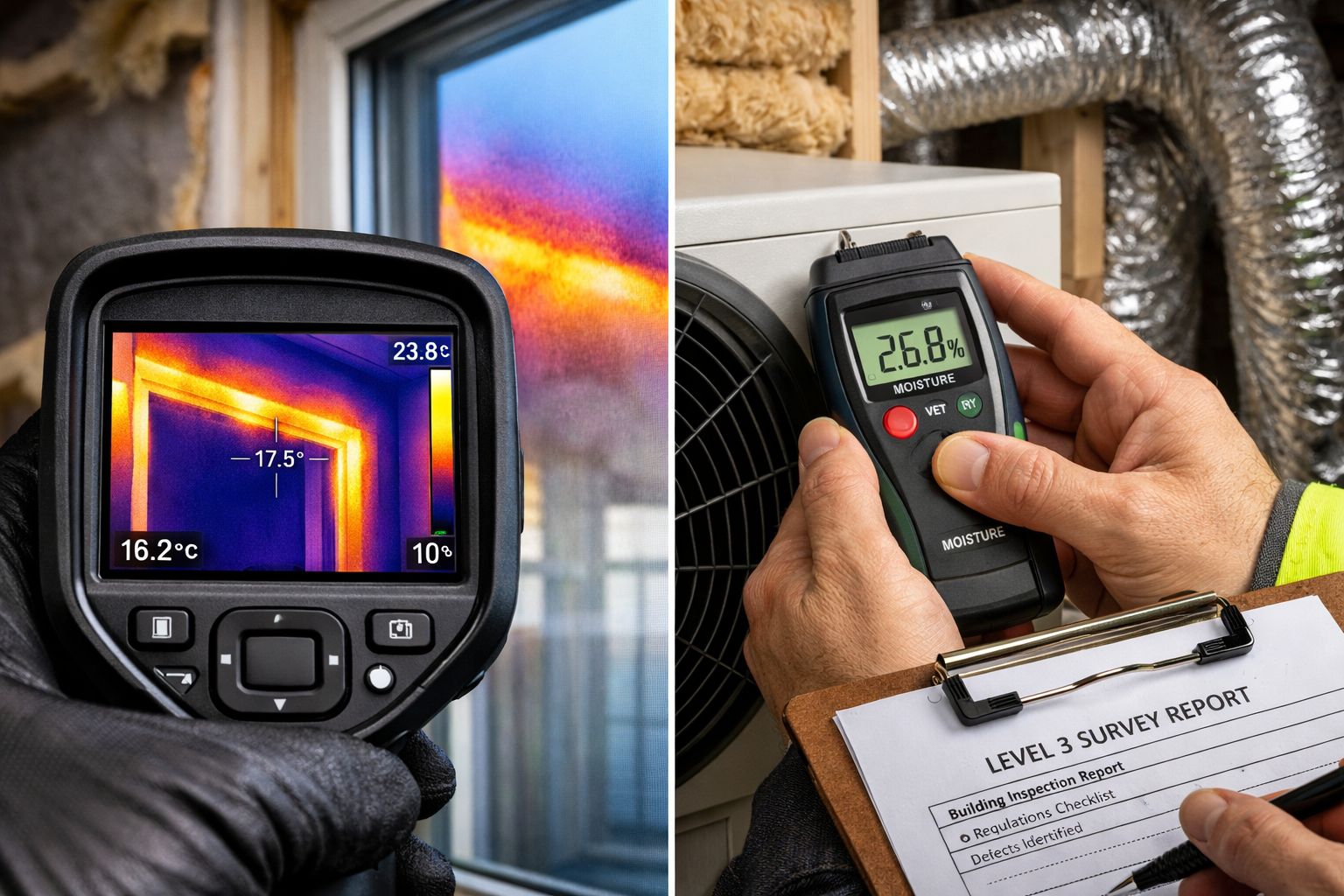 Detailed () image showing close-up split-screen comparison of sustainable home construction elements being inspected during