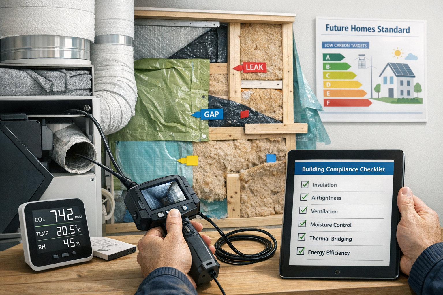 Detailed () image depicting comprehensive building pathology inspection scene inside zero-carbon new build home. Foreground