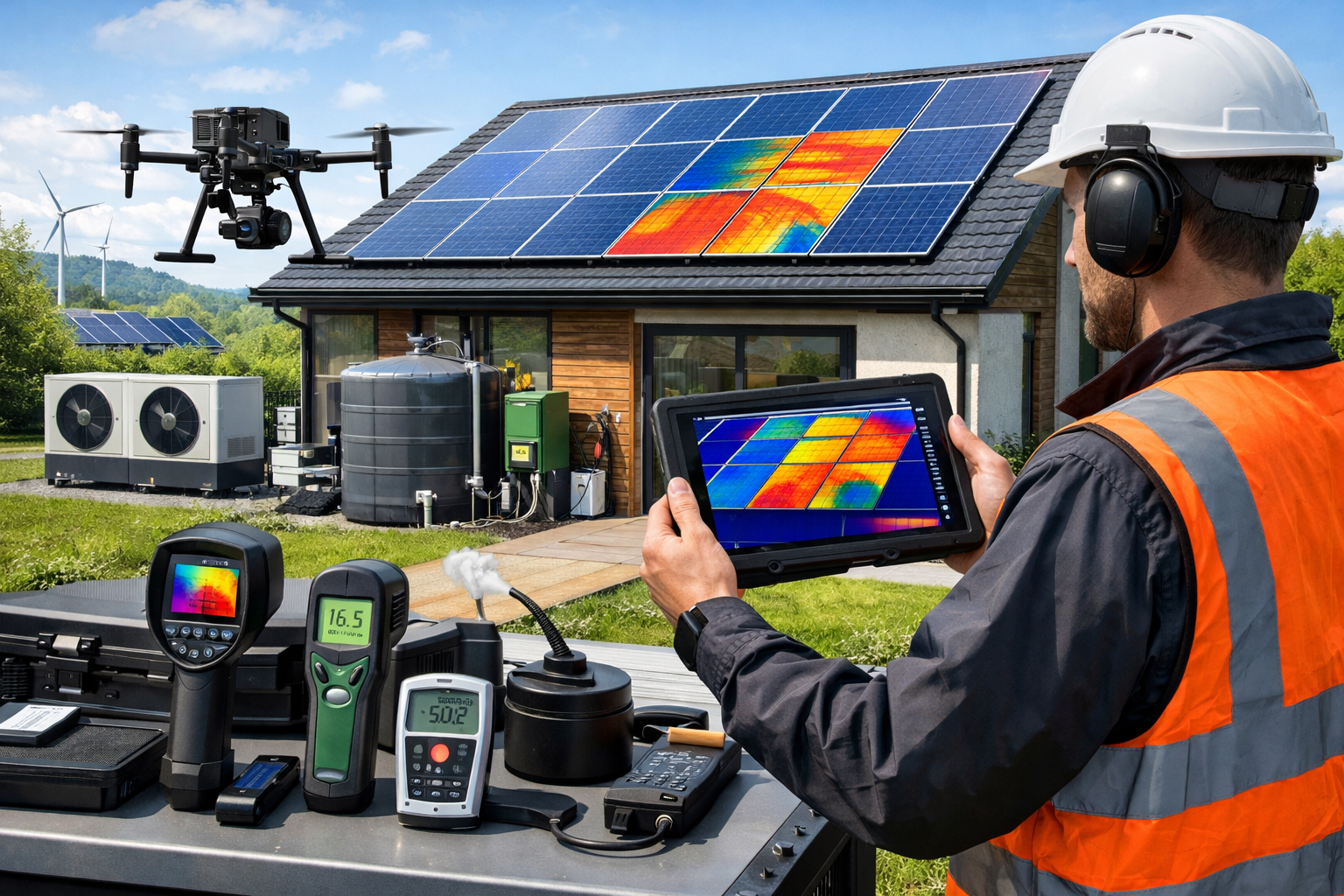 Detailed () image showing advanced defect detection technology array for sustainable home surveys in 2026. Central focus on