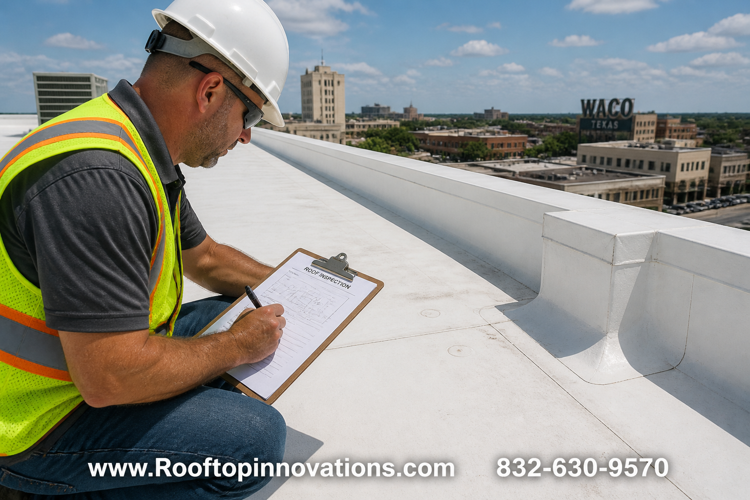 Detailed () image showing a close-up of a commercial roofing contractor inspecting a TPO membrane roof on a warehouse