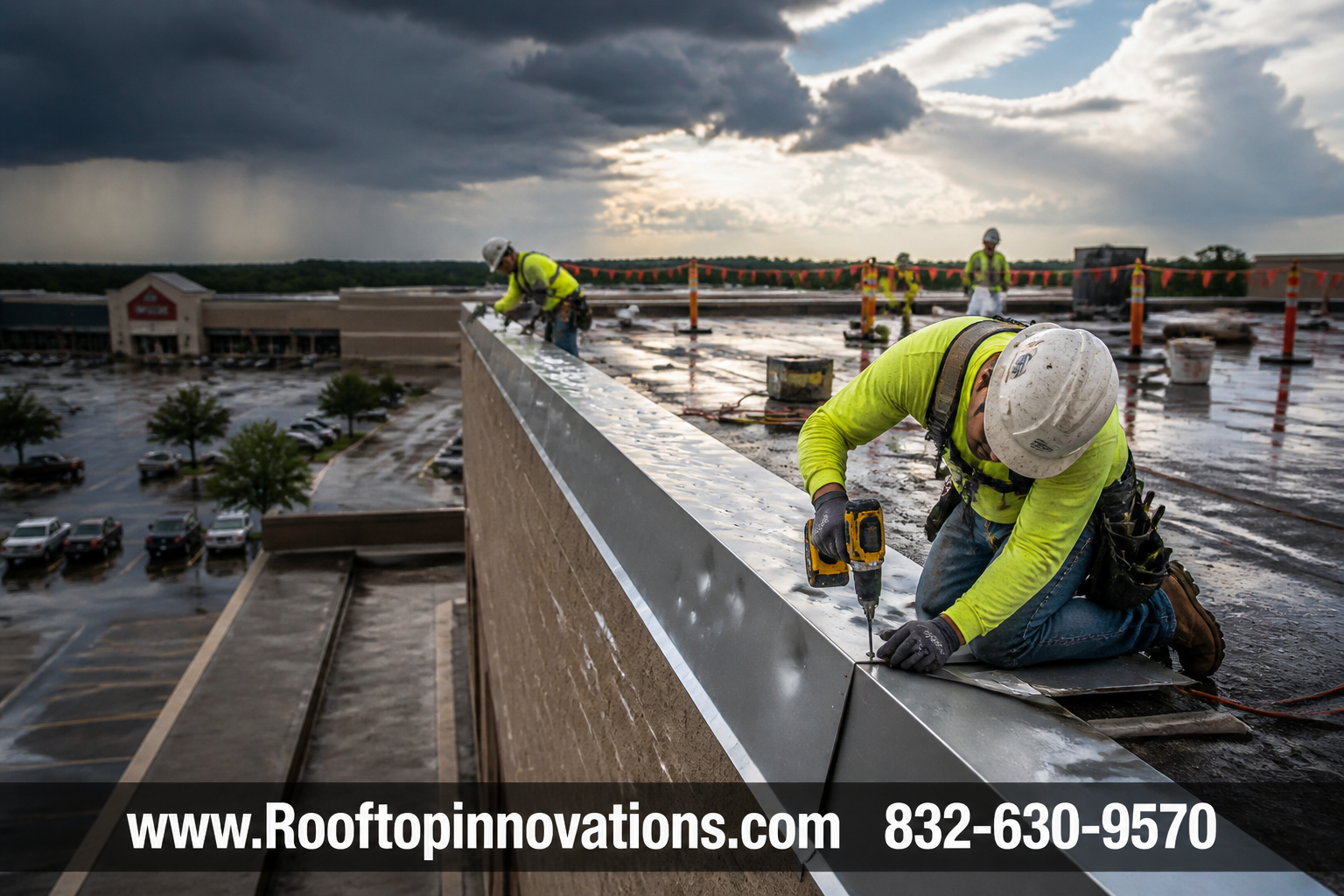 Detailed () image showing a commercial roofing crew performing emergency storm damage repair on a large retail building roof