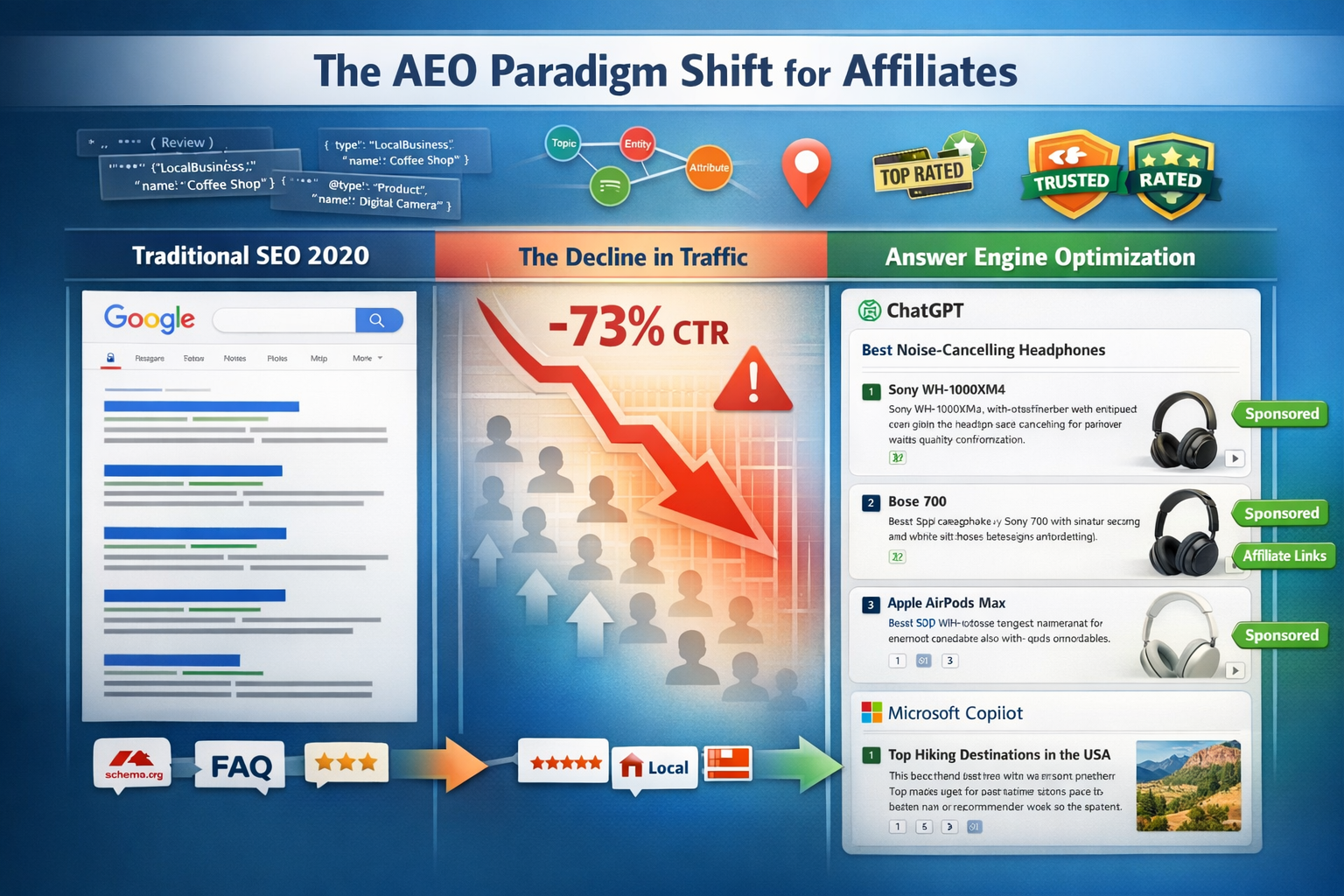 Detailed landscape format (1536x1024) infographic showing the evolution from traditional SEO to Answer Engine Optimization with three-column