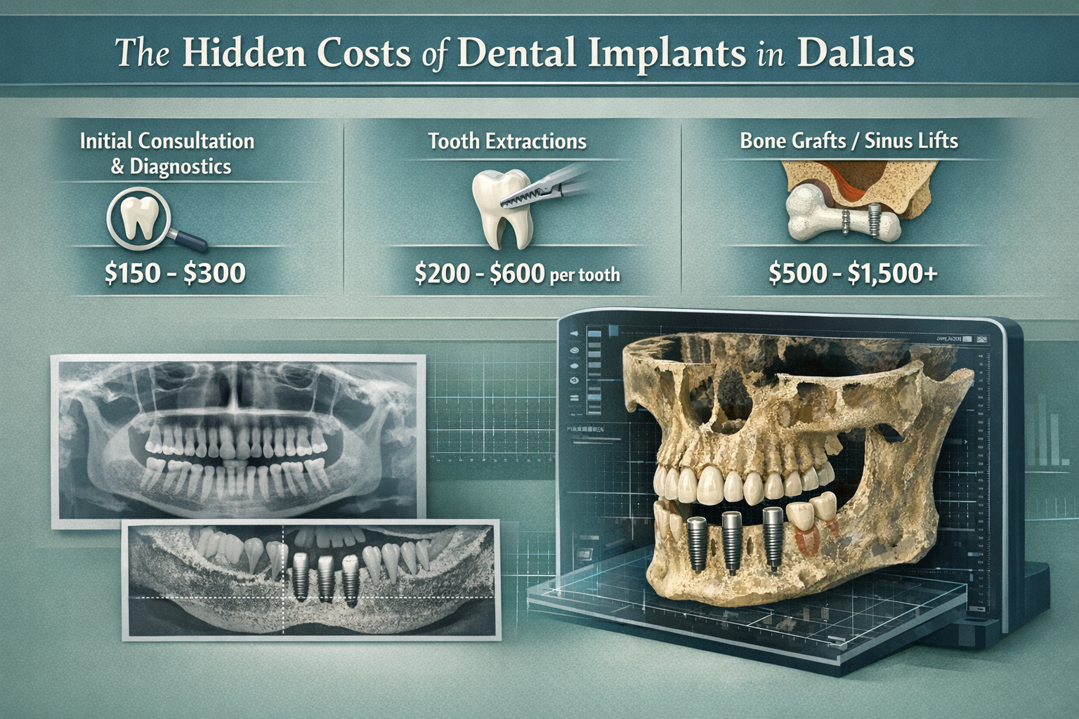 A detailed infographic in () illustrating various pre-surgical costs for dental implants. The visual should include clear