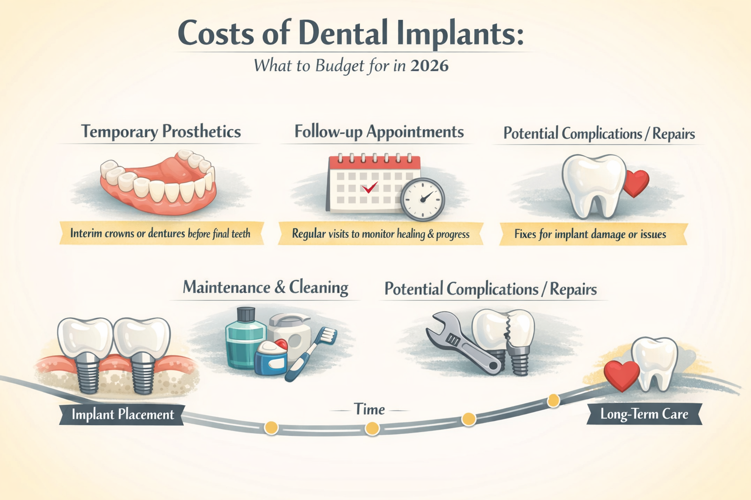 An engaging infographic in () outlining potential post-procedure and long-term costs associated with dental implants. This