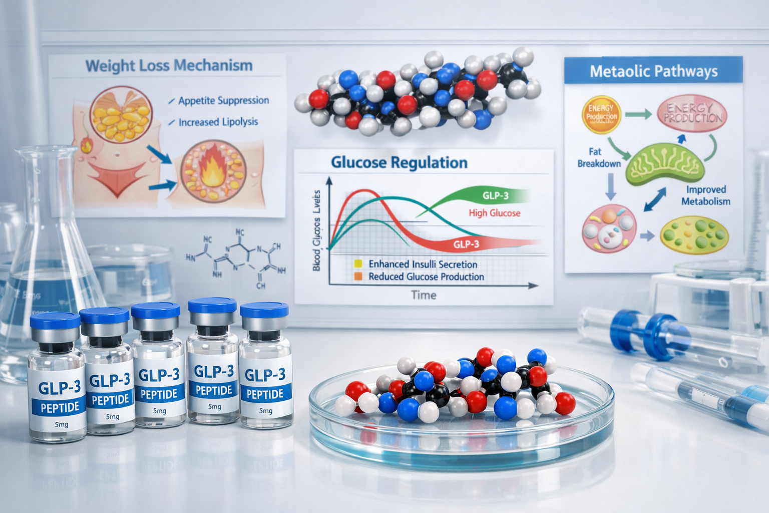 Scientific laboratory scene showing GLP3 peptide vials and molecular structure diagrams on research bench, with weight loss mechanism illust