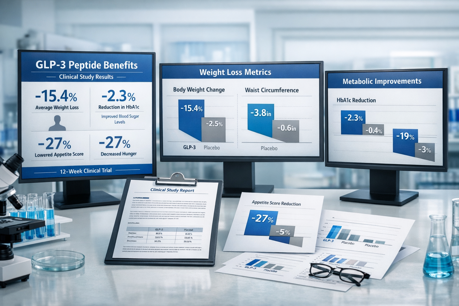 Research data visualization showing GLP3 peptide benefits comparison chart with weight loss metrics, metabolic improvements, and clinical st