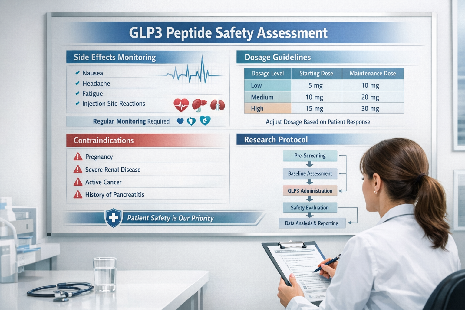 Safety assessment infographic displaying GLP3 peptide side effects monitoring chart, dosage guidelines table, contraindications list, and re