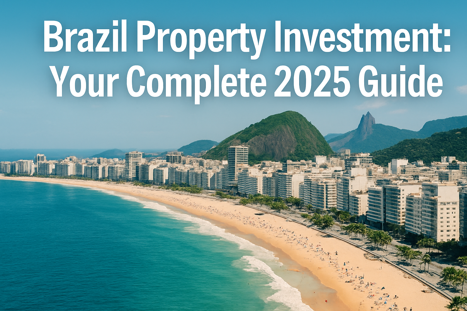 Professional landscape hero image (1536x1024) featuring bold text overlay 'Brazil Property Investment: Your Complete 2025 Guide' in extra la