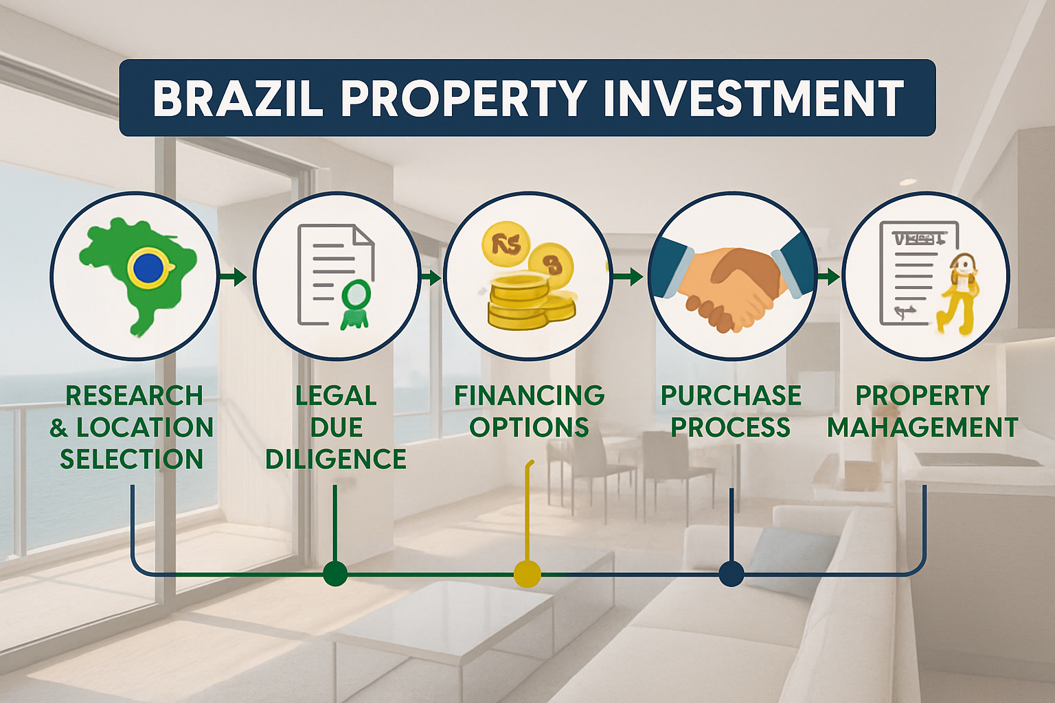 Comprehensive landscape infographic image (1536x1024) illustrating Brazil property investment process timeline and key considerations. View