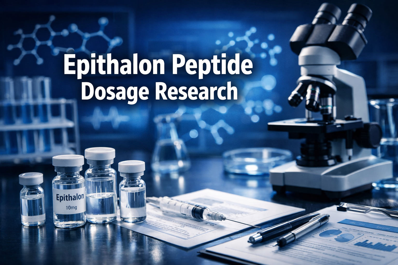Professional landscape format (1536x1024) hero image with bold text overlay 'Epithalon Peptide Dosage Research' in extra large 72pt white sa