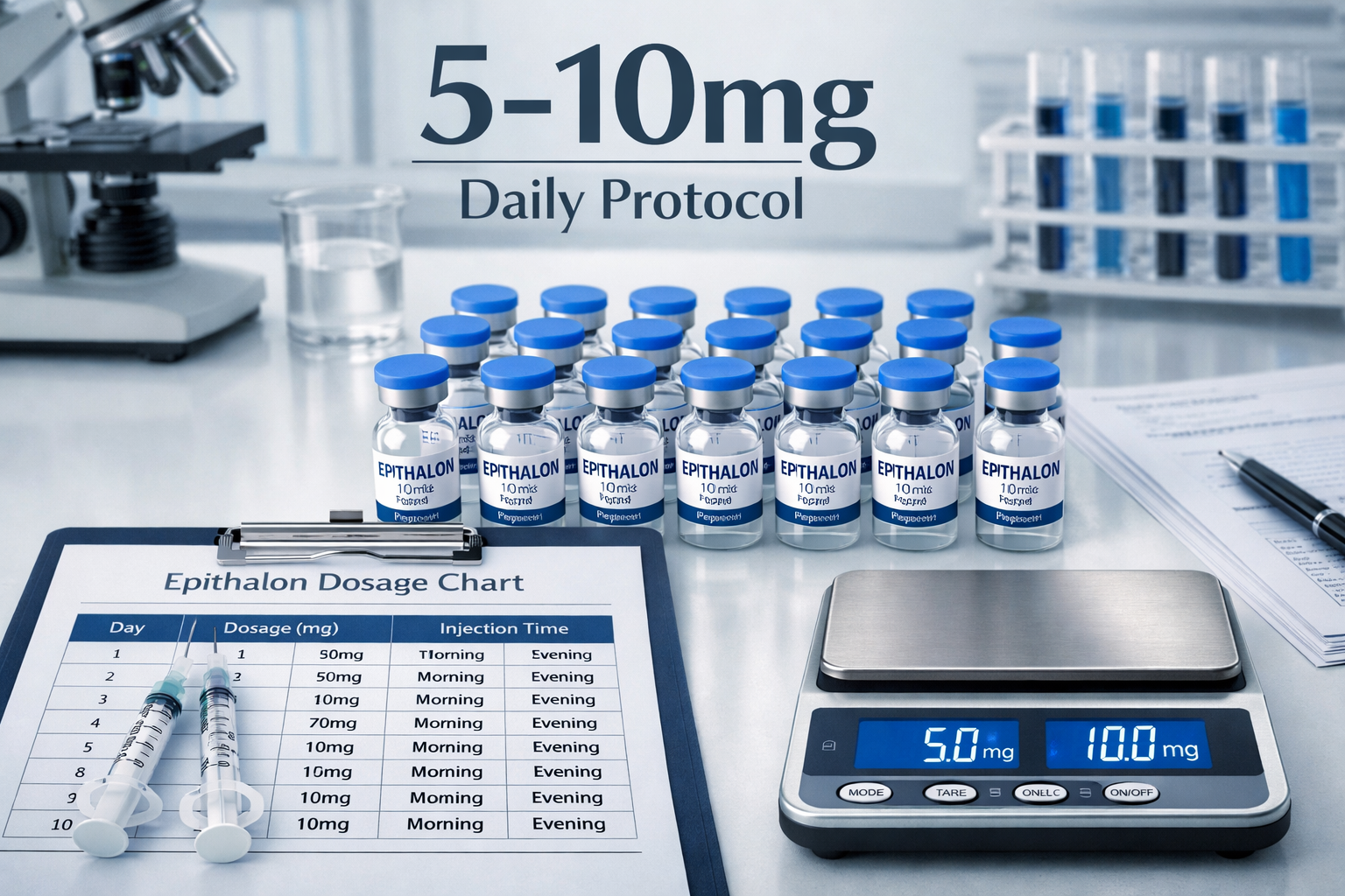 Detailed landscape format (1536x1024) image showing scientific dosage chart with epithalon peptide vials arranged in precise rows, measuring