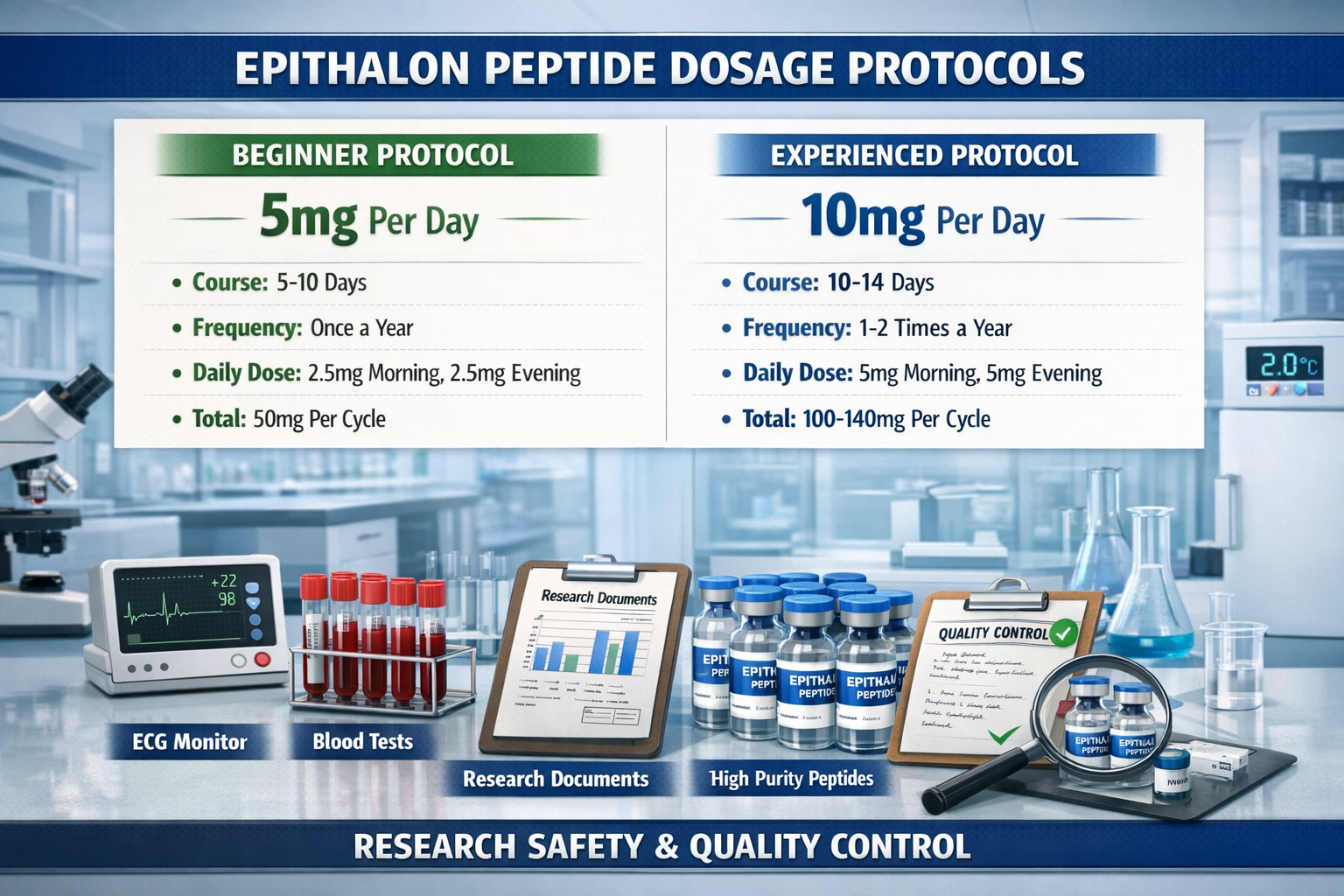 Professional landscape format (1536x1024) comparison chart showing different epithalon peptide dosage protocols side by side - beginner 5mg
