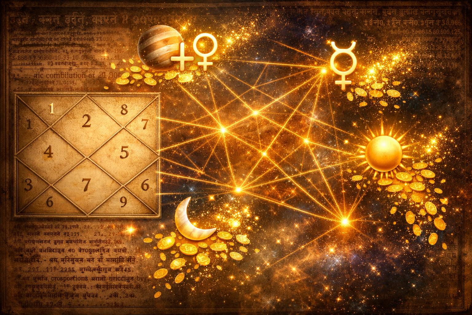 Do not write in Hindi on the images. Must write in English only. Detailed landscape format (1536x1024) image depicting various planetary sym
