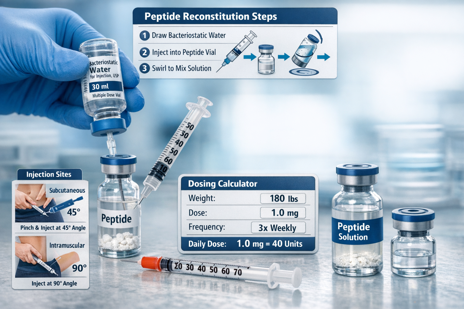 Professional medical research photograph showing peptide reconstitution process with bacteriostatic water, insulin syringes with measurement