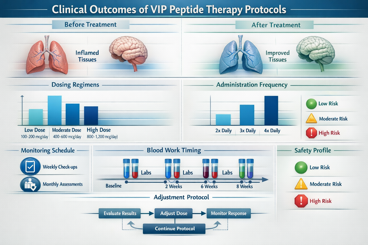 Clinical outcomes visualization displaying before-and-after timeline infographic for VIP peptide therapy protocols, featuring bar graphs com