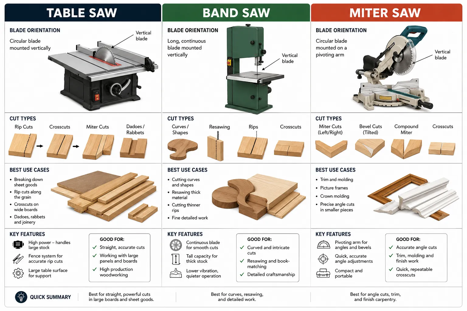 Detailed infographic comparing table saw vs band saw vs miter saw: side-by-side diagrams showing blade orientation, cut