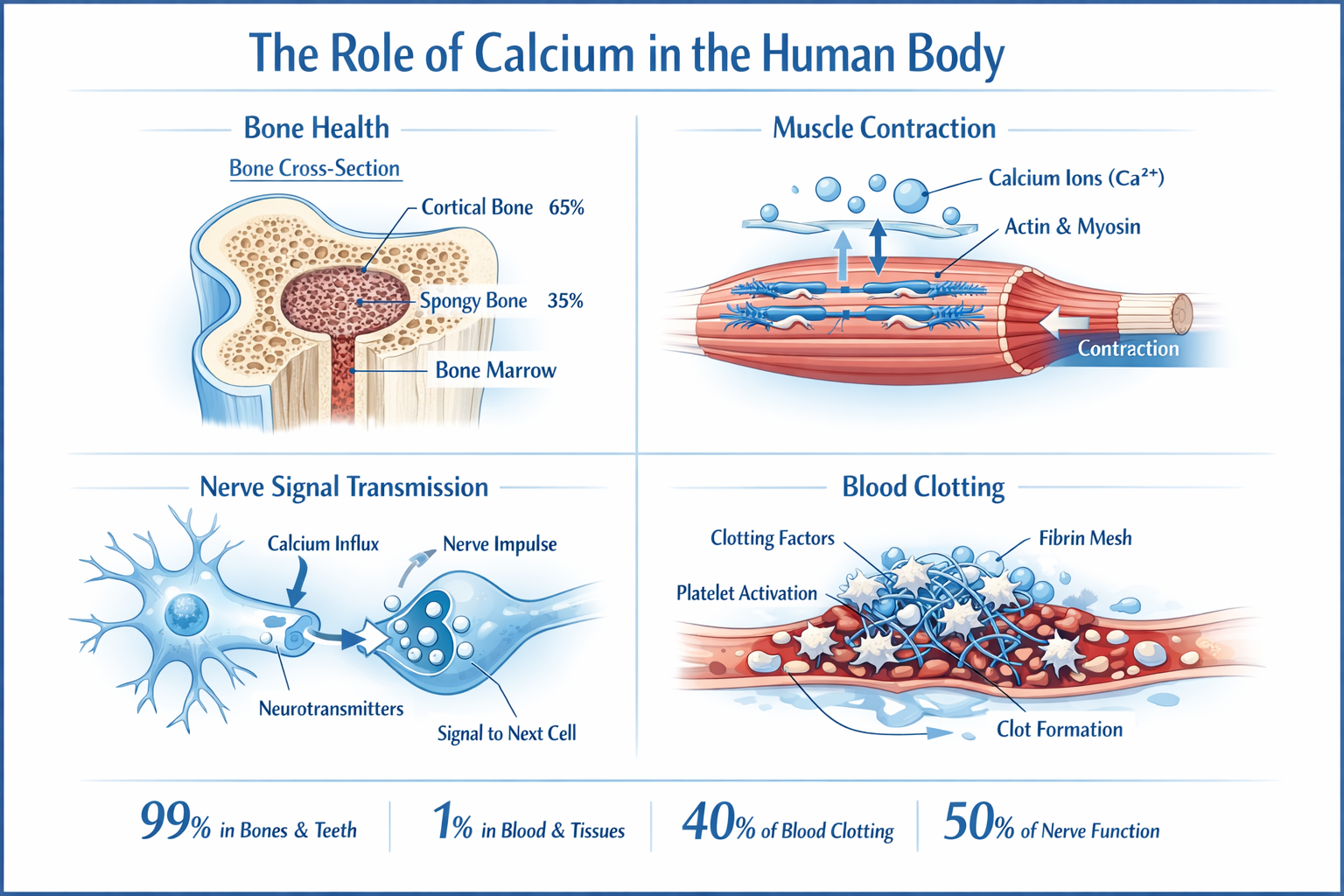 Detailed anatomical-style infographic showing calcium's role in the human body: bone density cross-section, muscle