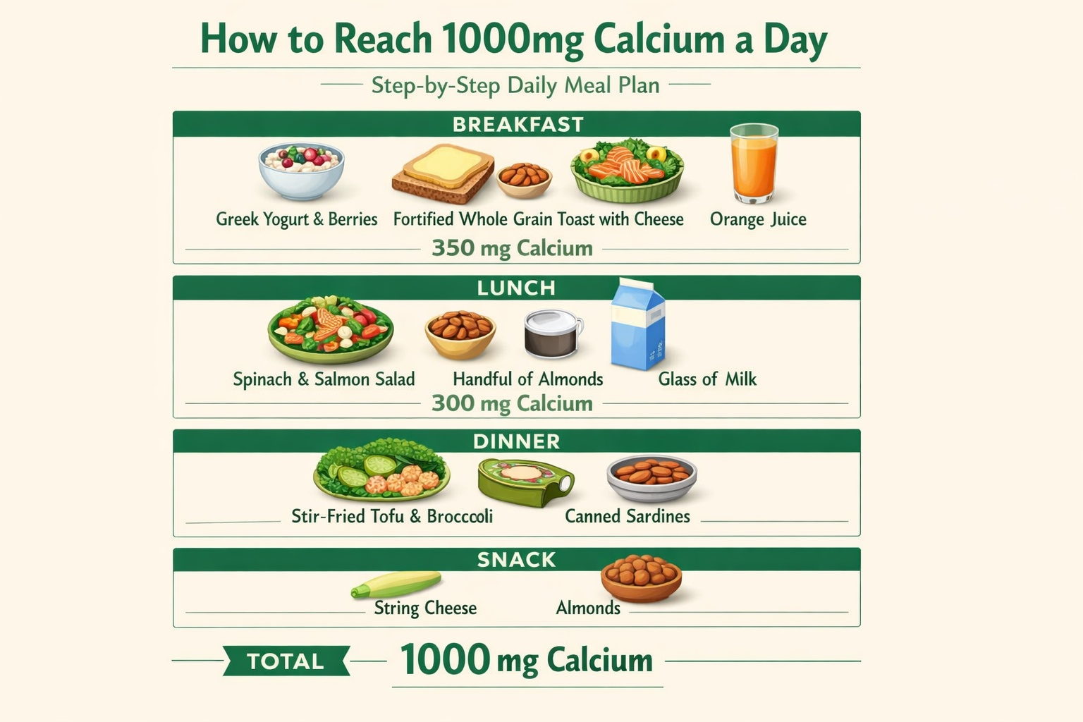 Step-by-step daily meal plan infographic showing how to reach 1000mg calcium through food: breakfast/lunch/dinner/snack