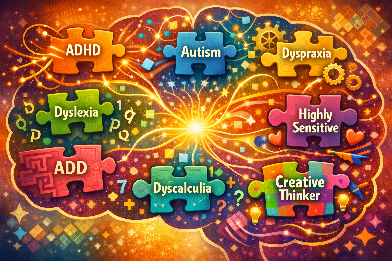 Landscape format (1536x1024) illustration showing diverse brain patterns and neural pathways in vibrant colors, with puzzle pieces of differ