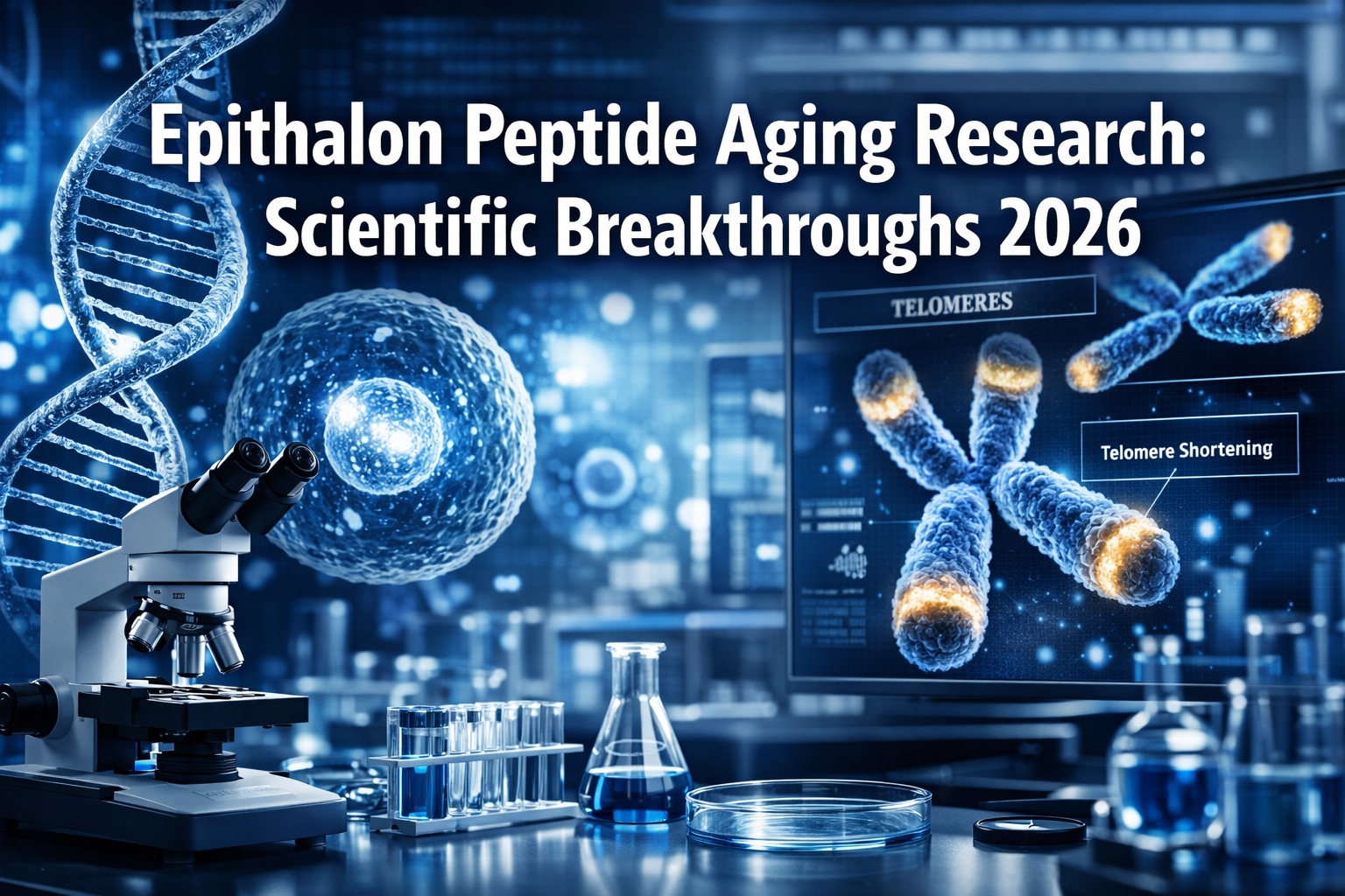 Professional landscape format (1536x1024) hero image featuring bold text overlay 'Epithalon Peptide Aging Research: Scientific Breakthroughs