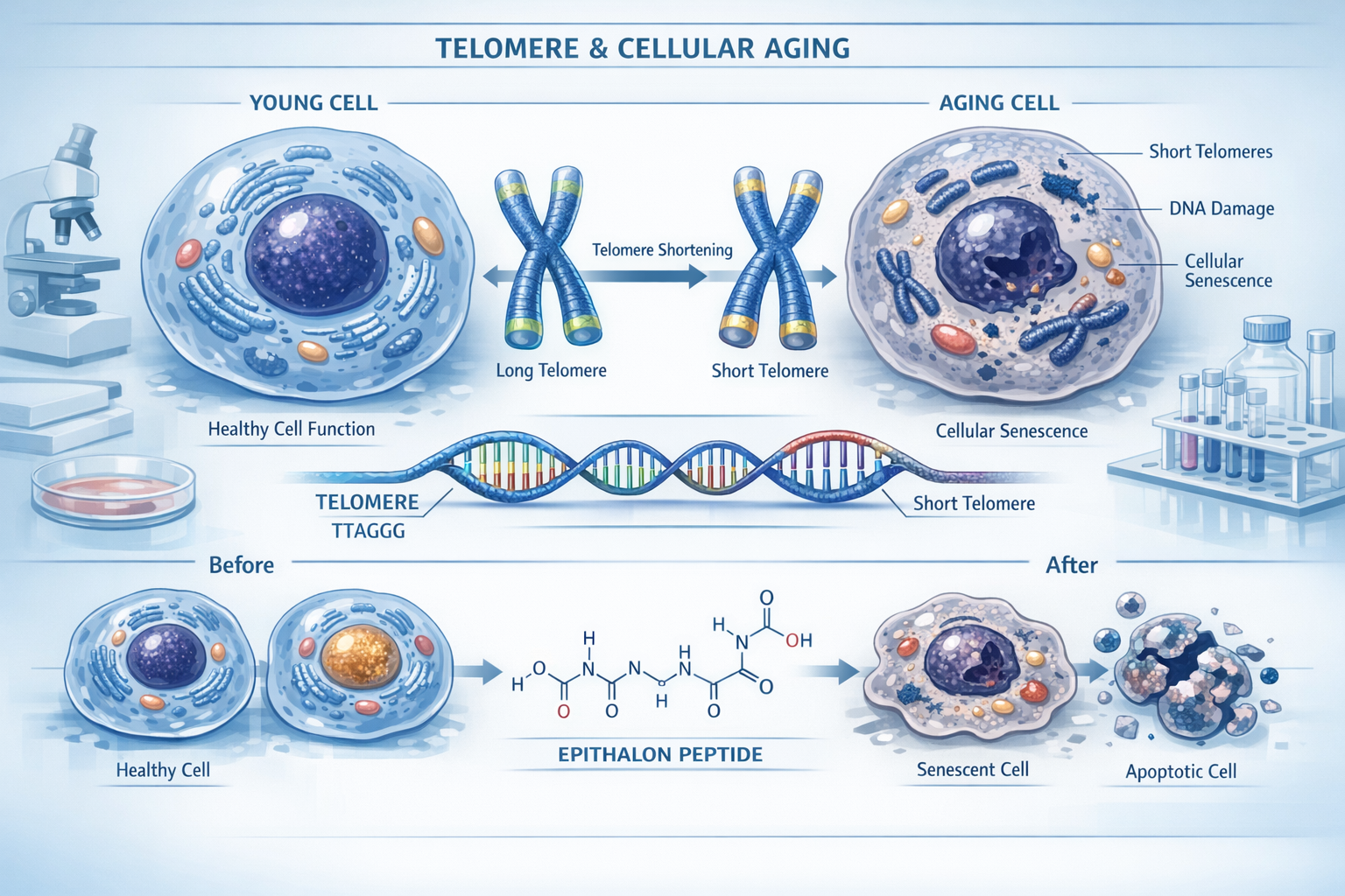 Detailed landscape format (1536x1024) scientific illustration showing telomere structure and cellular aging process, with before/after cellu