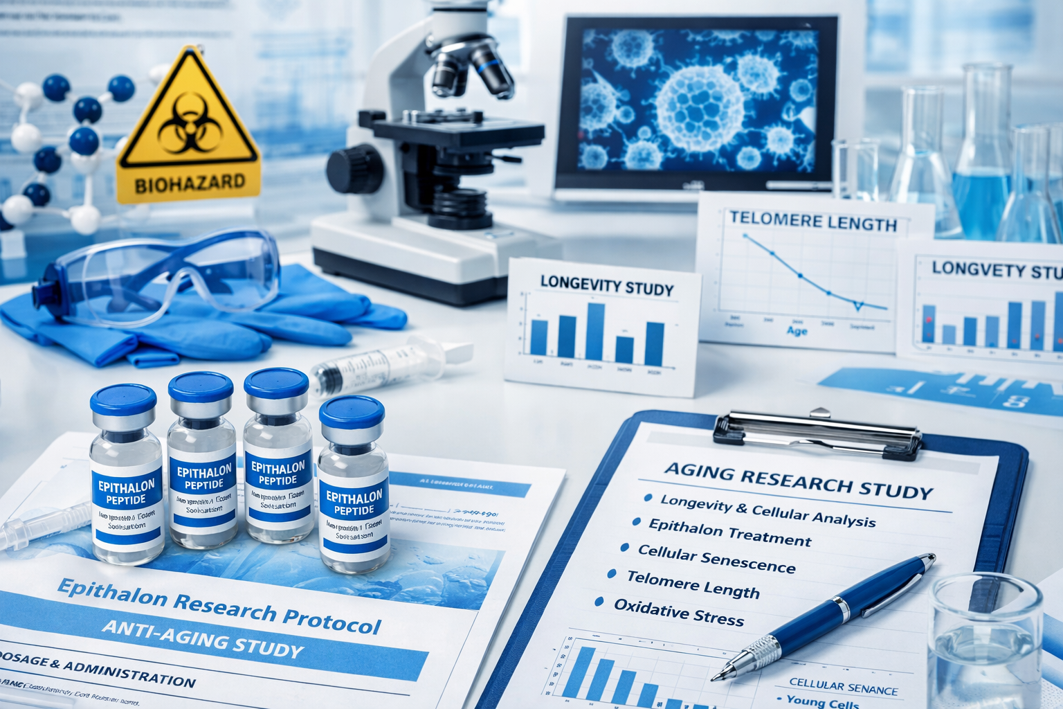 Landscape format (1536x1024) image showing research laboratory environment with epithalon peptide vials, scientific documentation, aging res