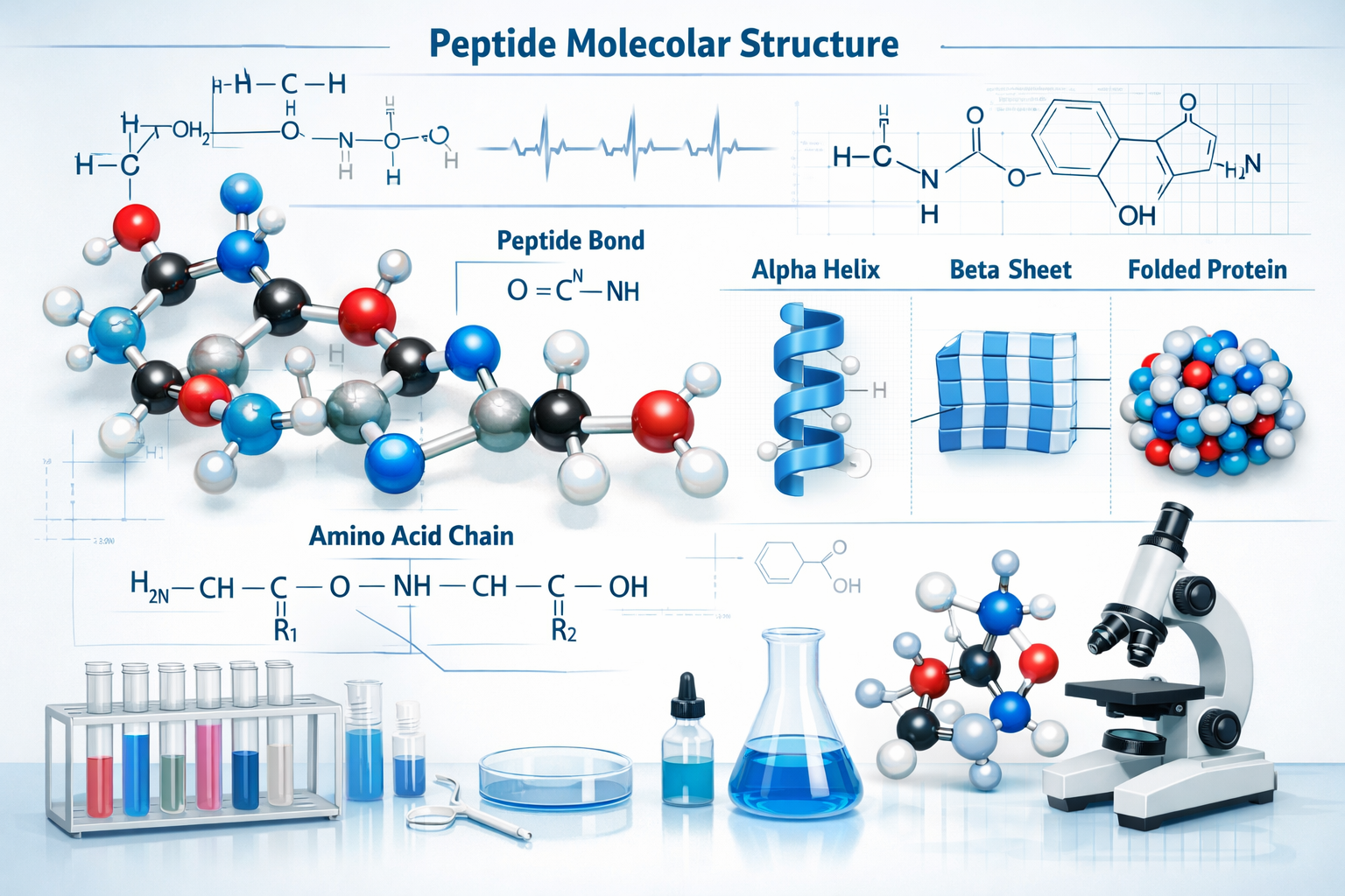 Scientific illustration showing peptide molecular structure with amino acid chains connected by peptide bonds, 3D visualization of protein f
