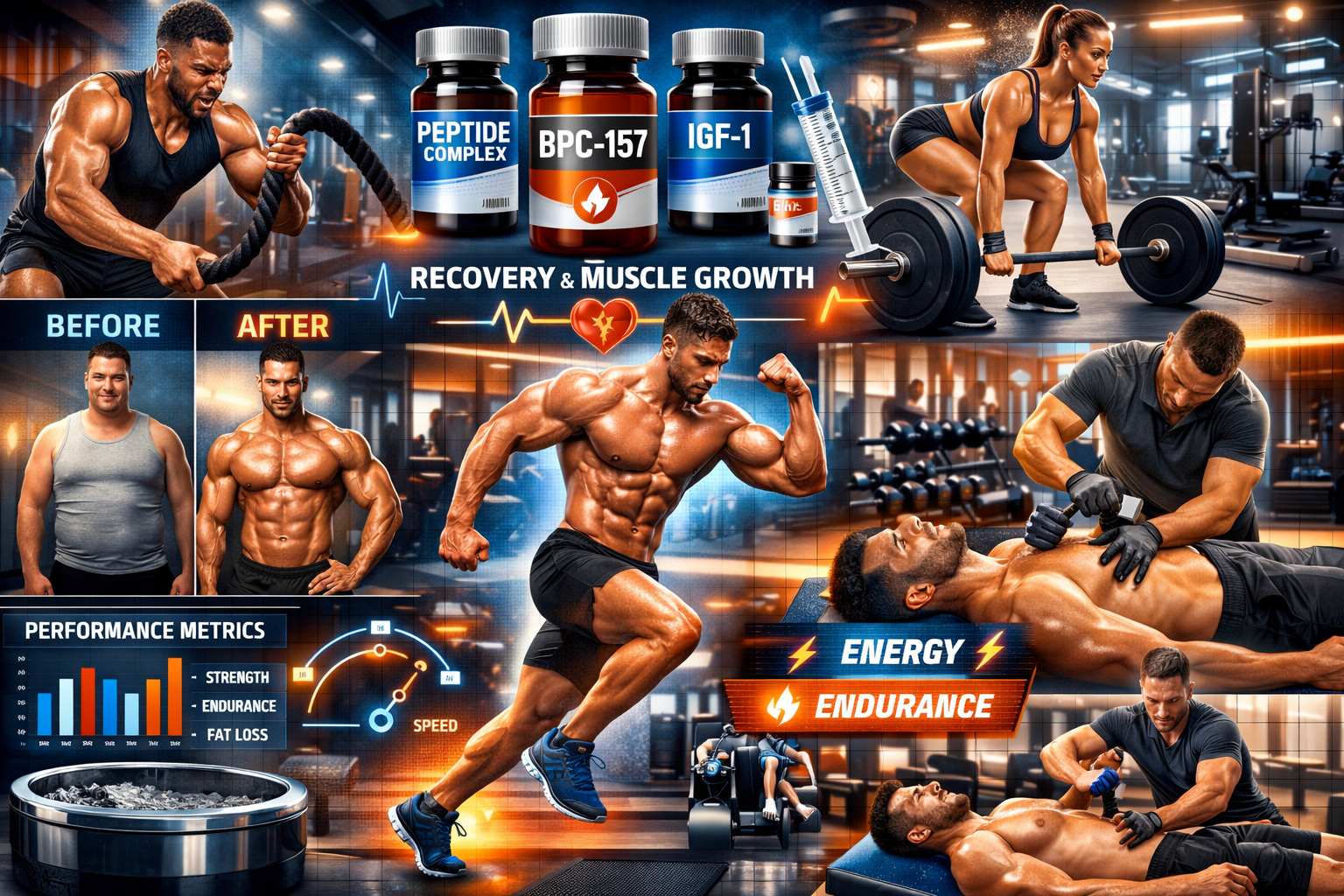 Fitness and athletic performance visualization showing muscular athletes in training, peptide supplement bottles, recovery and muscle buildi