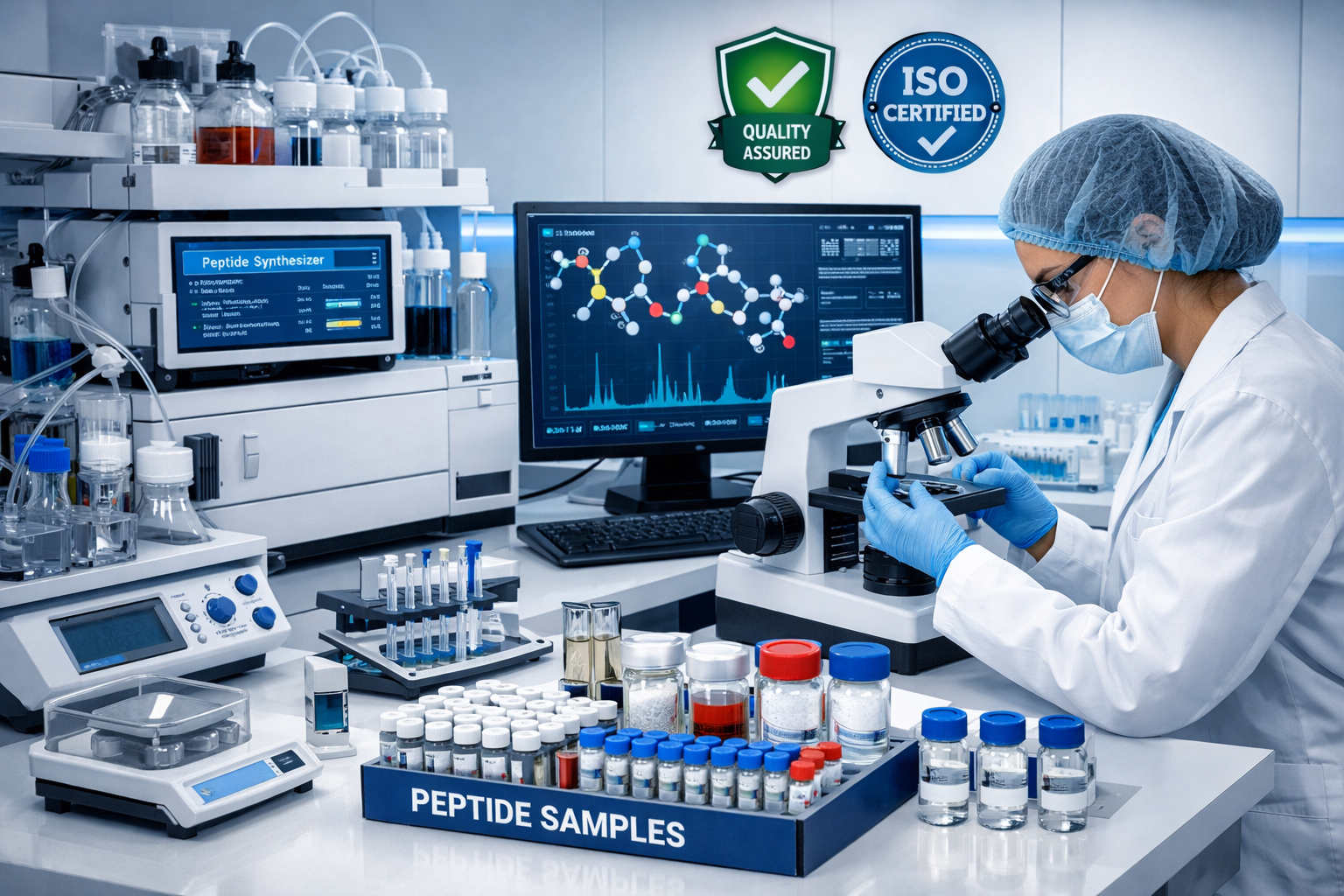 Research laboratory scene showing peptide synthesis equipment, quality testing procedures, scientific instruments, vials and containers with