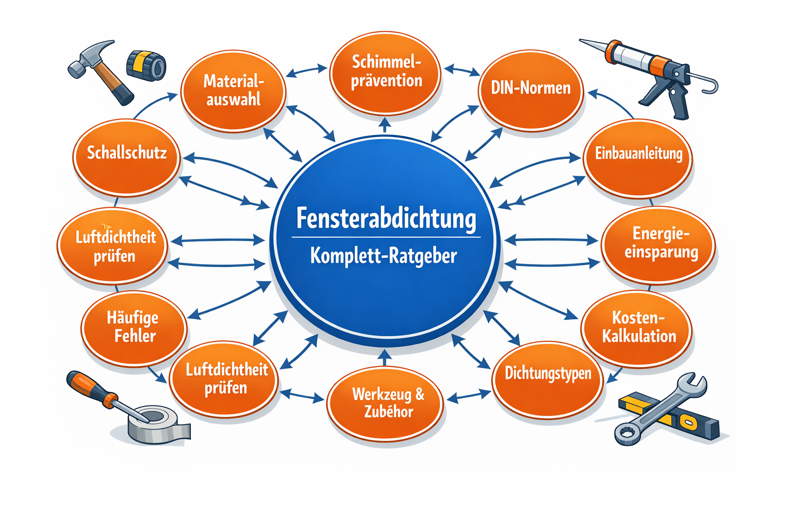Querformat () Infografik-Illustration einer Content-Cluster-Struktur speziell für Handwerksbetriebe. Zentrale Pillar-Page in