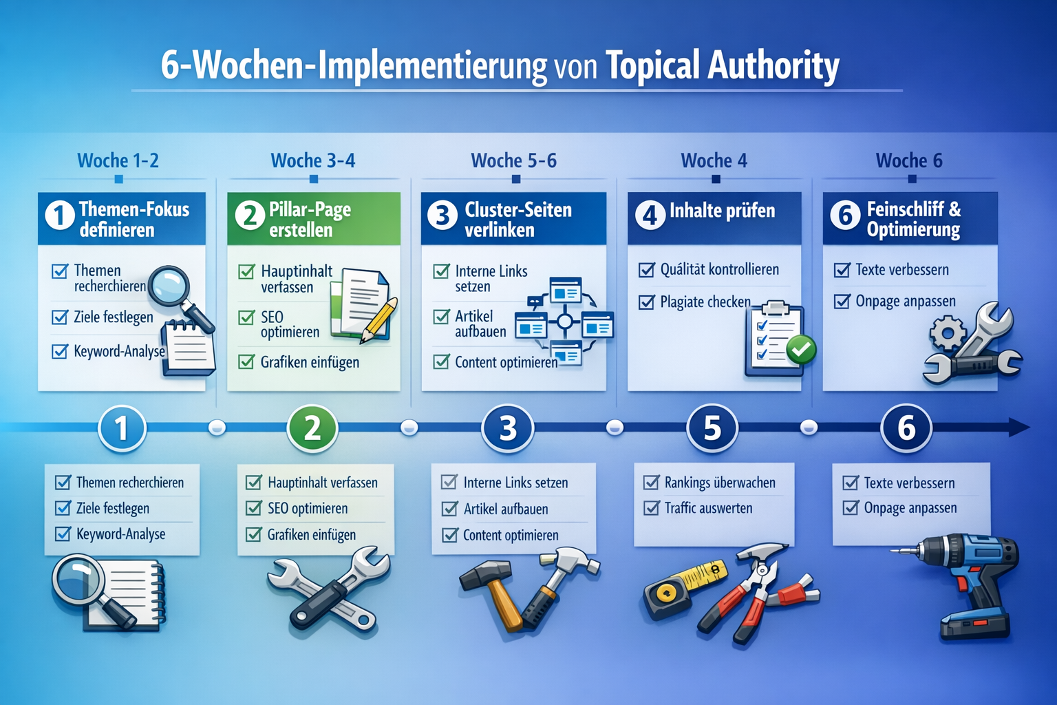 Querformat () Prozess-Diagramm als Timeline-Illustration für die 6-Wochen-Implementierung von Topical Authority. Horizontale
