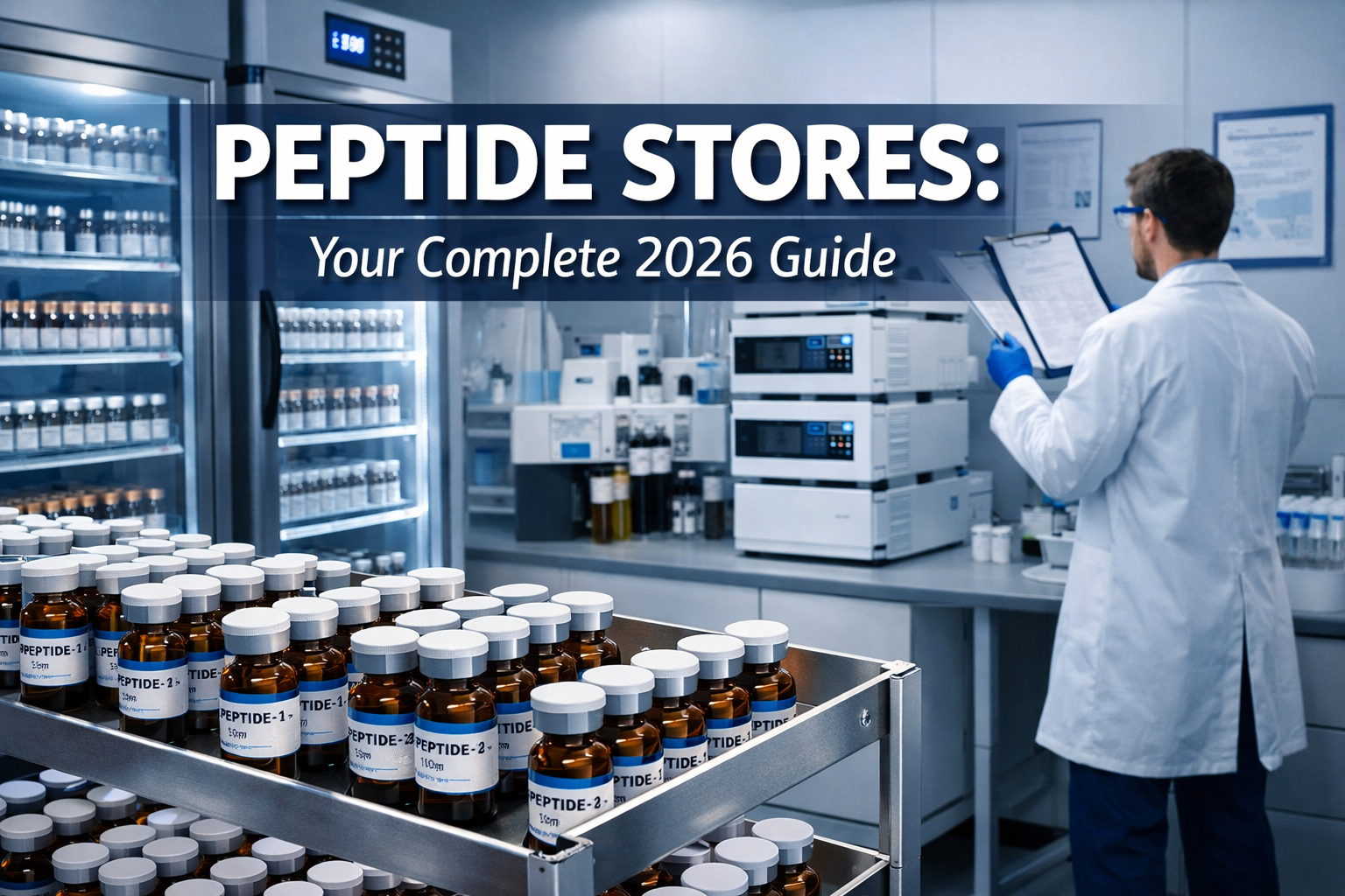 Professional landscape hero image (1536x1024) featuring bold text overlay 'PEPTIDE STORES: Your Complete 2026 Guide' in extra large 72pt whi