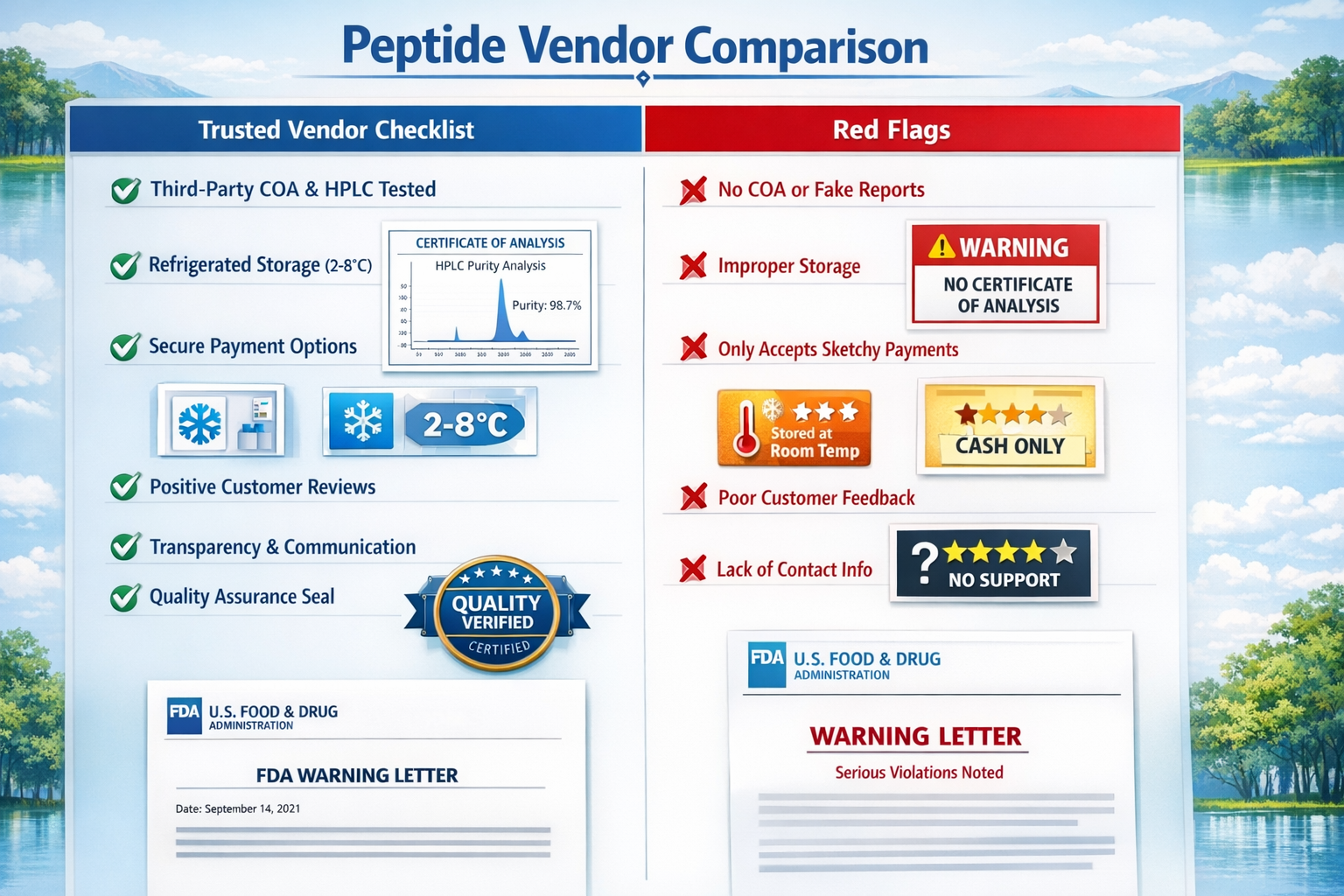 Detailed landscape infographic (1536x1024) showing comprehensive comparison table of reputable peptide stores versus questionable vendors. V