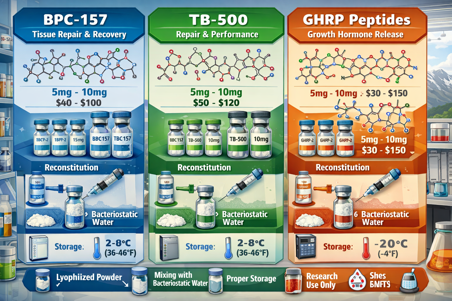 Detailed landscape illustration (1536x1024) depicting popular research peptides sold in stores with molecular structure diagrams. Features B
