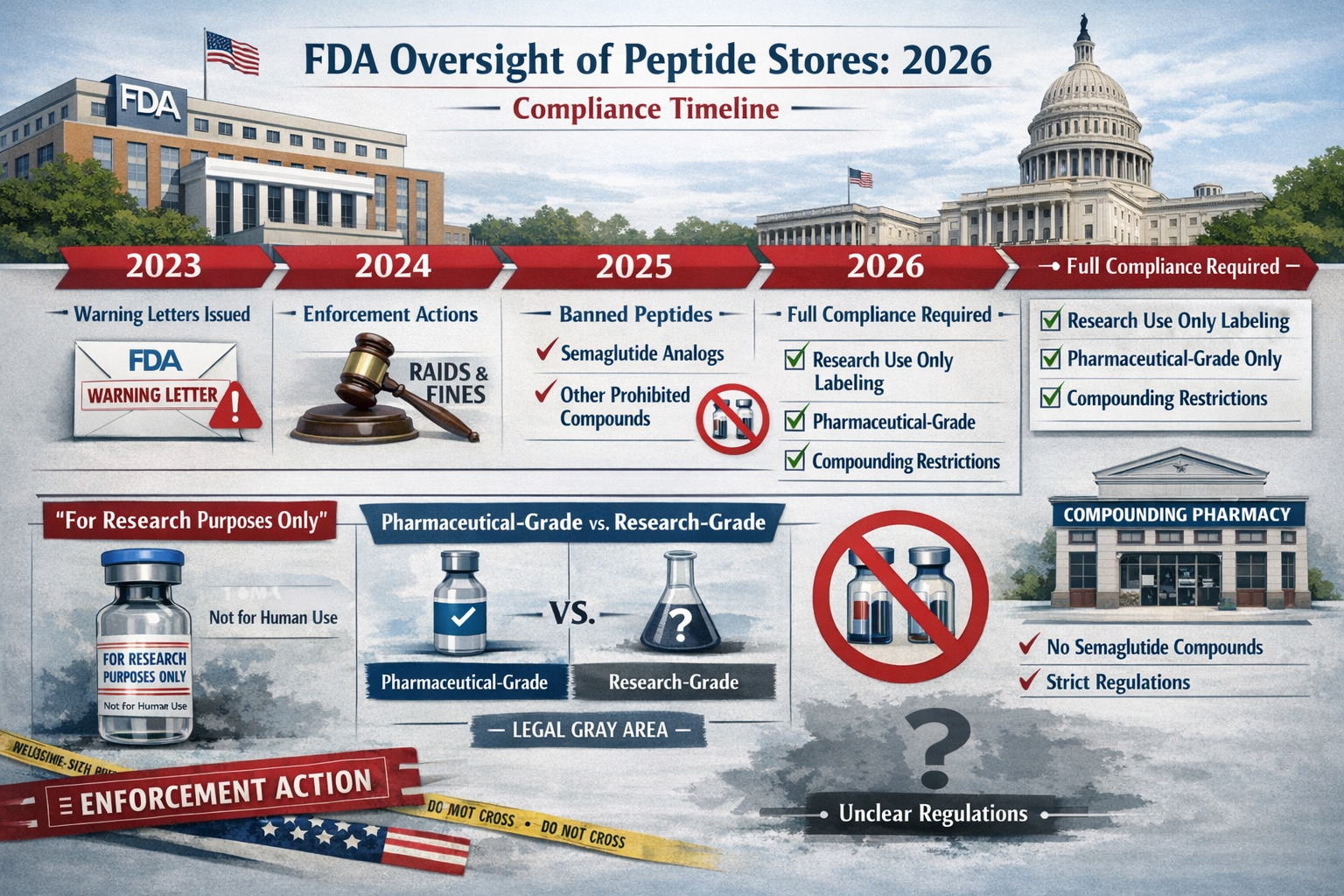 Detailed landscape regulatory compliance diagram (1536x1024) showing FDA oversight framework for peptide stores in 2026. Visual timeline fro