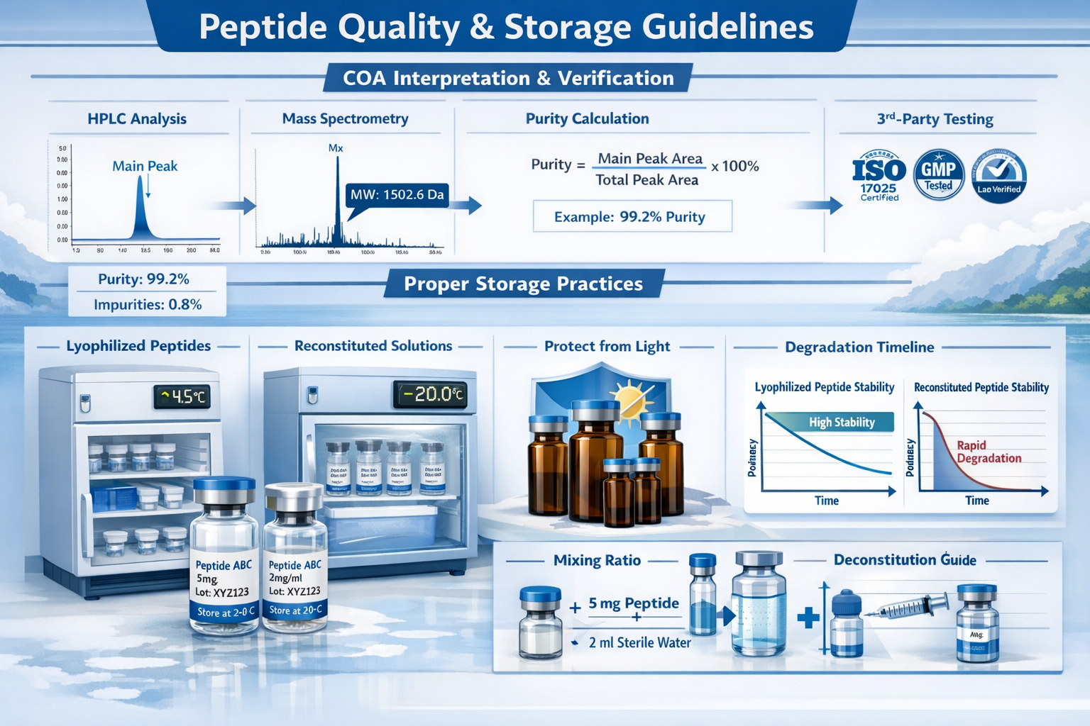 Detailed landscape educational infographic (1536x1024) illustrating peptide quality verification process and storage best practices. Shows s