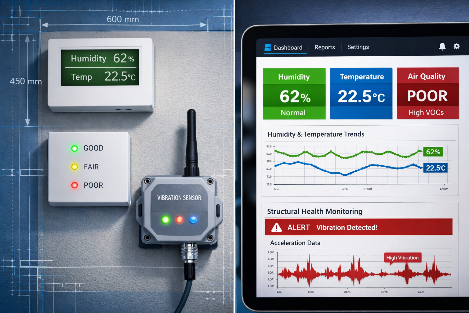 () editorial image showing close-up of multiple building sensor types mounted on interior wall surfaces: humidity sensor