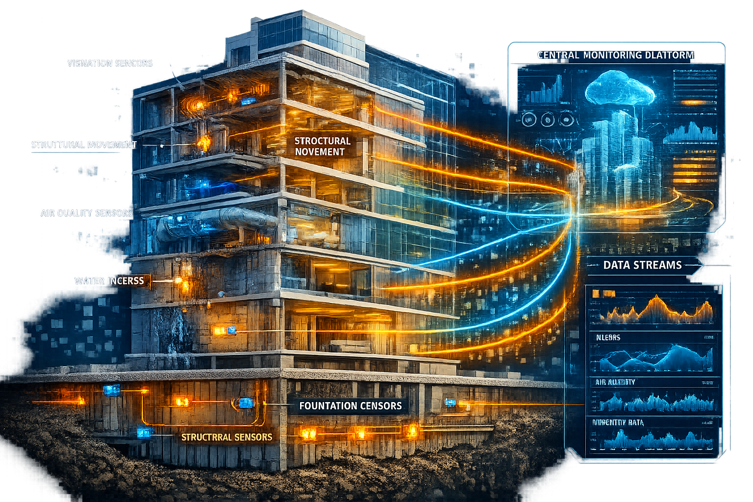() detailed cutaway architectural illustration of modern high-rise building showing sensor placement throughout multiple