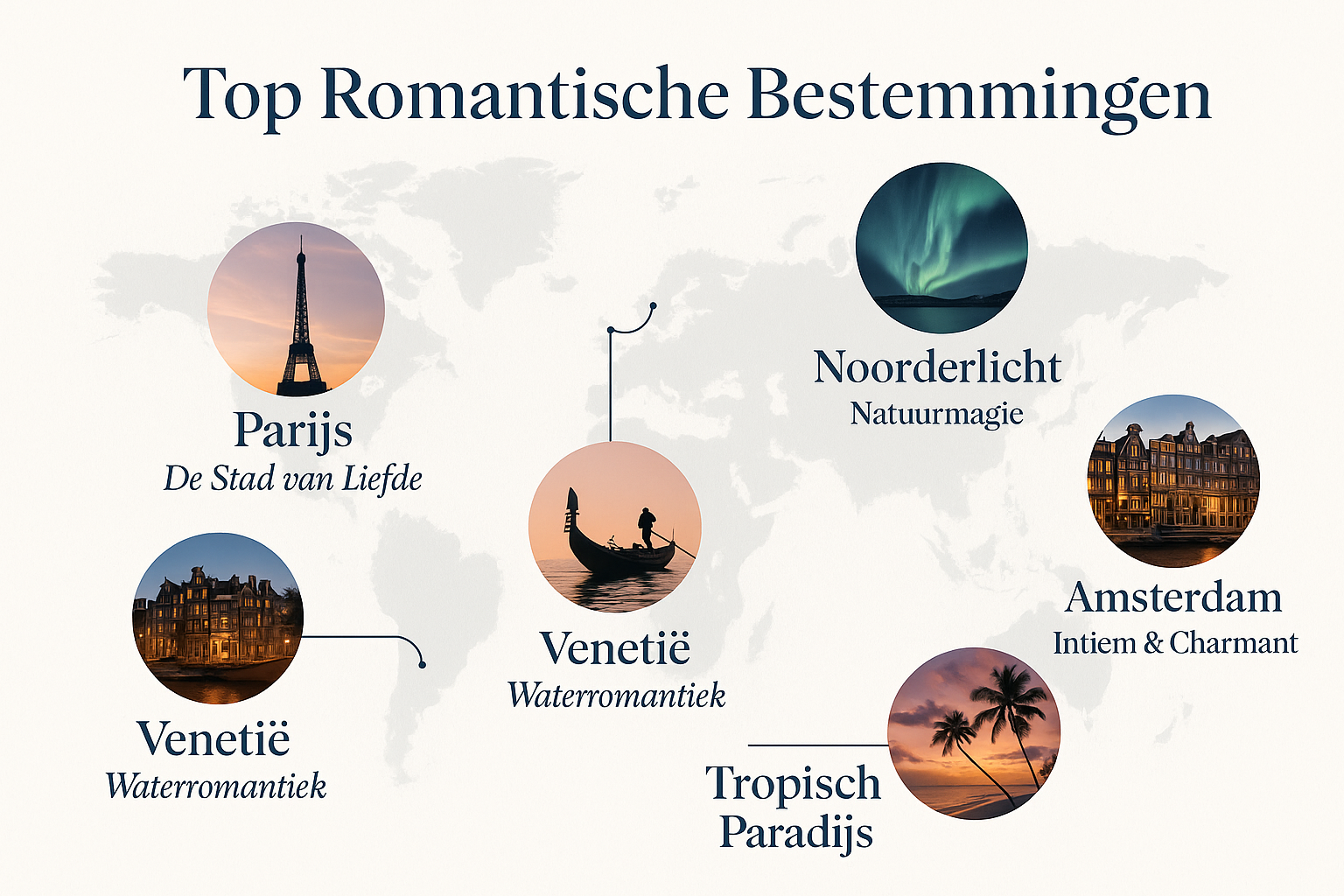 Professional landscape infographic (1536x1024) for section "Categorie 3: Romantische Bestemmingen". Type: World Map Infographic. Clean white