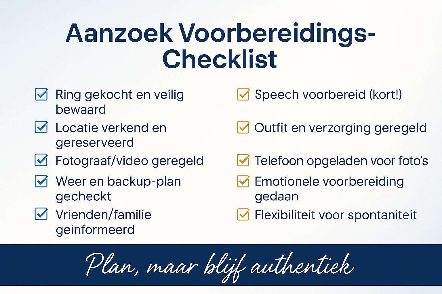 Professional landscape infographic (1536x1024) for section "Praktische Voorbereiding: Checklist Voor Het Perfecte Aanzoek". Type: Checklist 