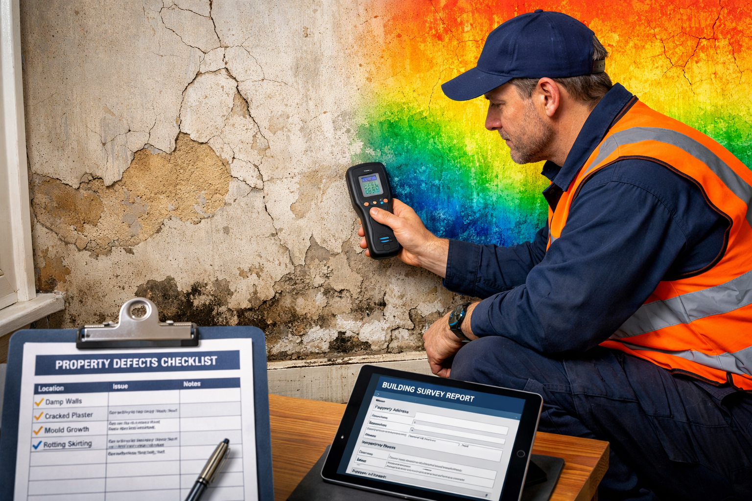 Detailed () image showing professional building surveyor conducting detailed inspection inside buy-to-let property,