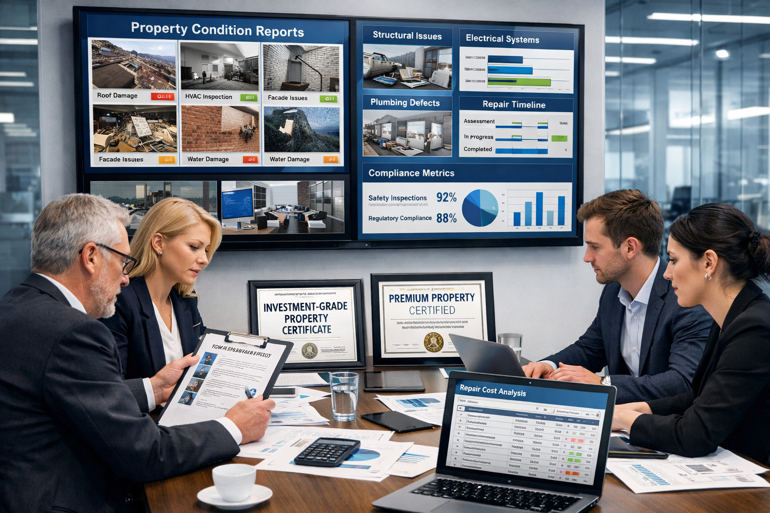 () image showing institutional property portfolio management scene with large wall-mounted display screens showing multiple